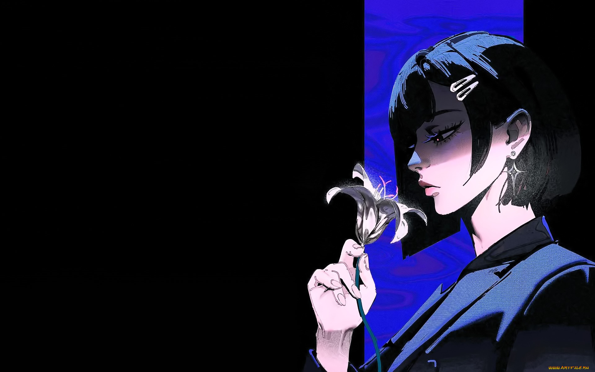 рисованное, люди, девушка, брюнетка, заколки, цветок, пиджак