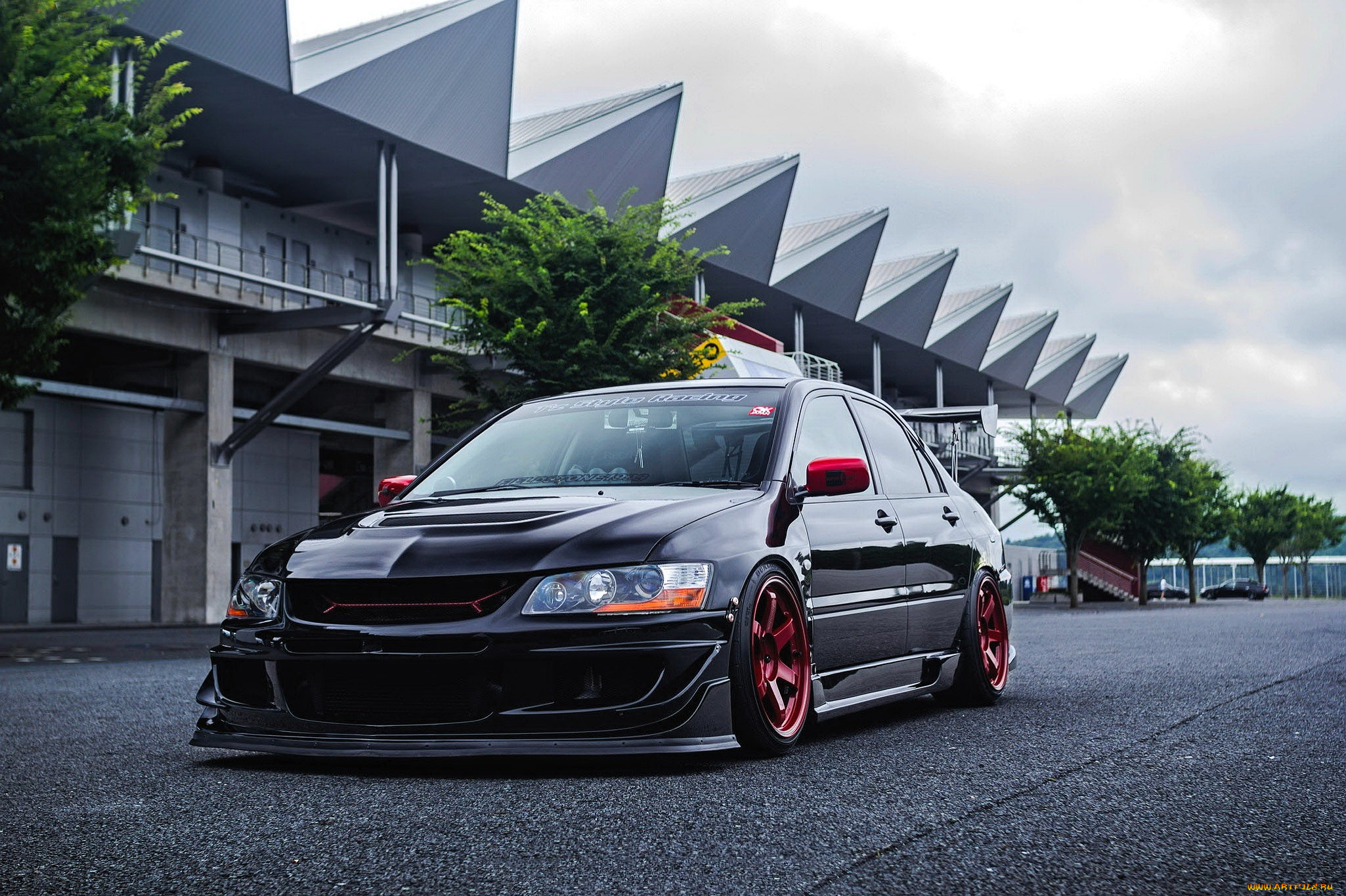 mitsubishi, lancer, evolution, автомобили, mitsubishi, черный, здание, деревья