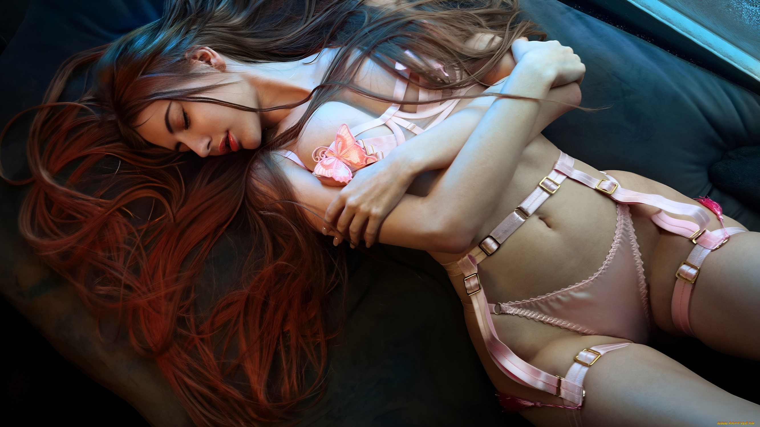 девушка, секси, девушки, -, рыжеволосые, и, разноцветные, взгляд, кровать, фигурка, ножки, позирует, в, розовом, белье