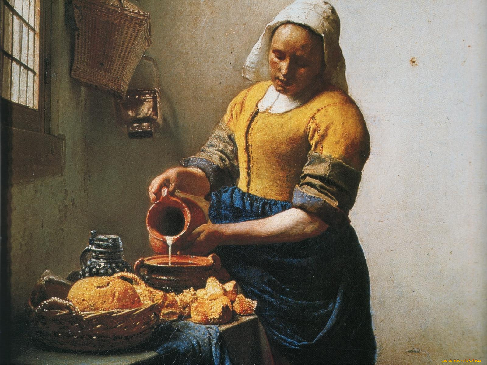служанка, кувшином, молока, рисованные, jan, vermeer