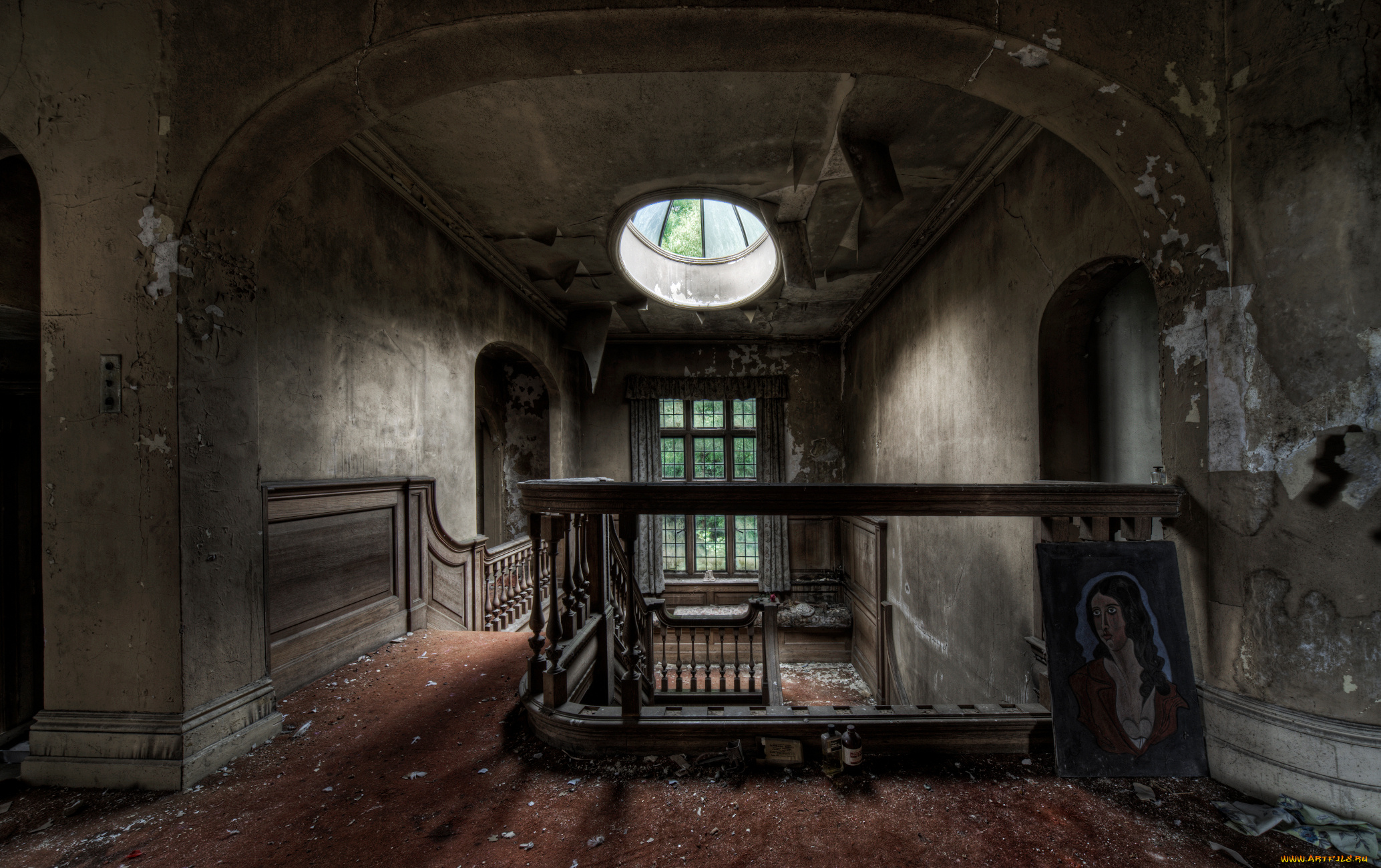 разное, развалины, руины, металлолом, разруха, лестница, окно, картина, портрет