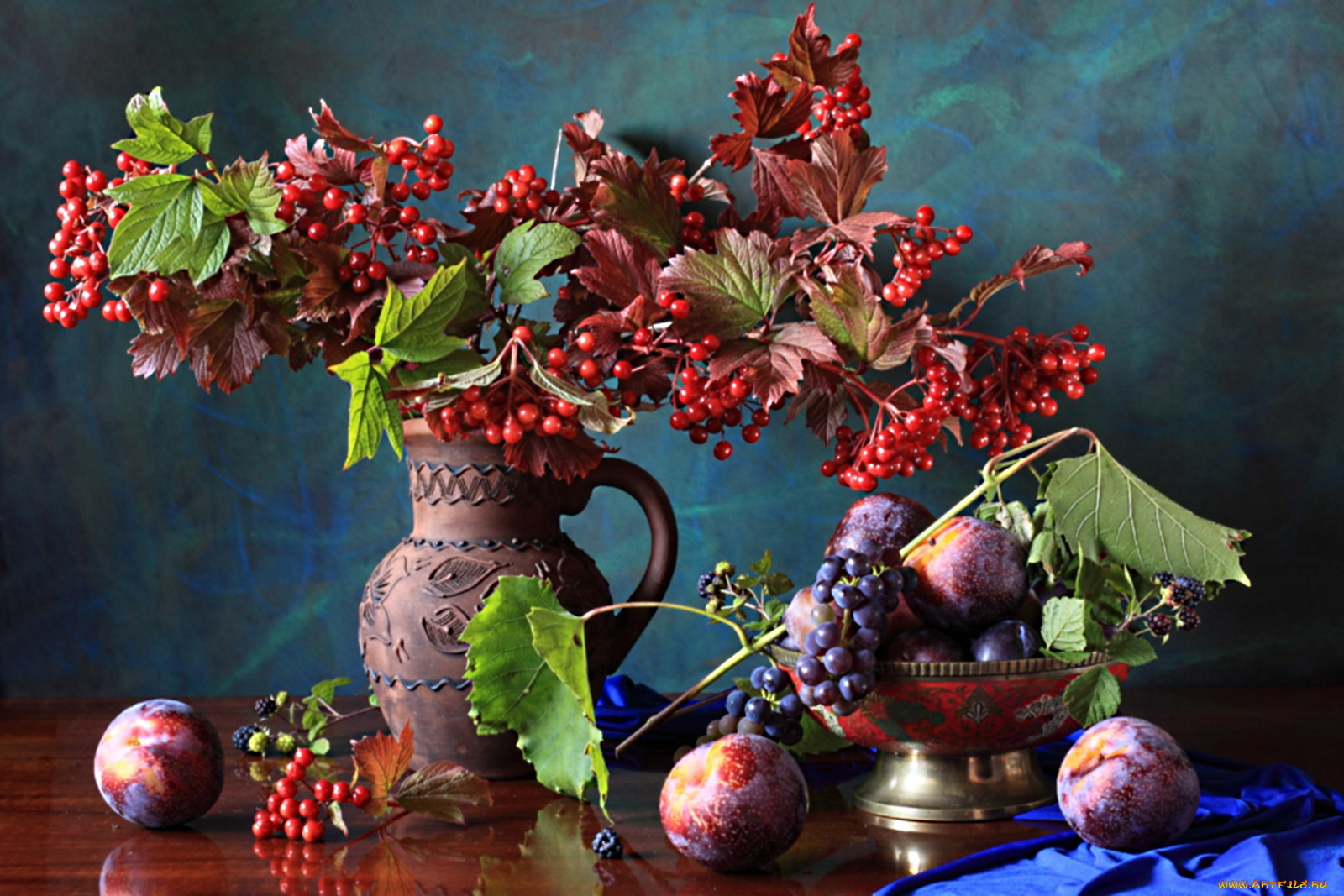 еда, натюрморт, сливы, калина, кувшин, ежевика, виноград