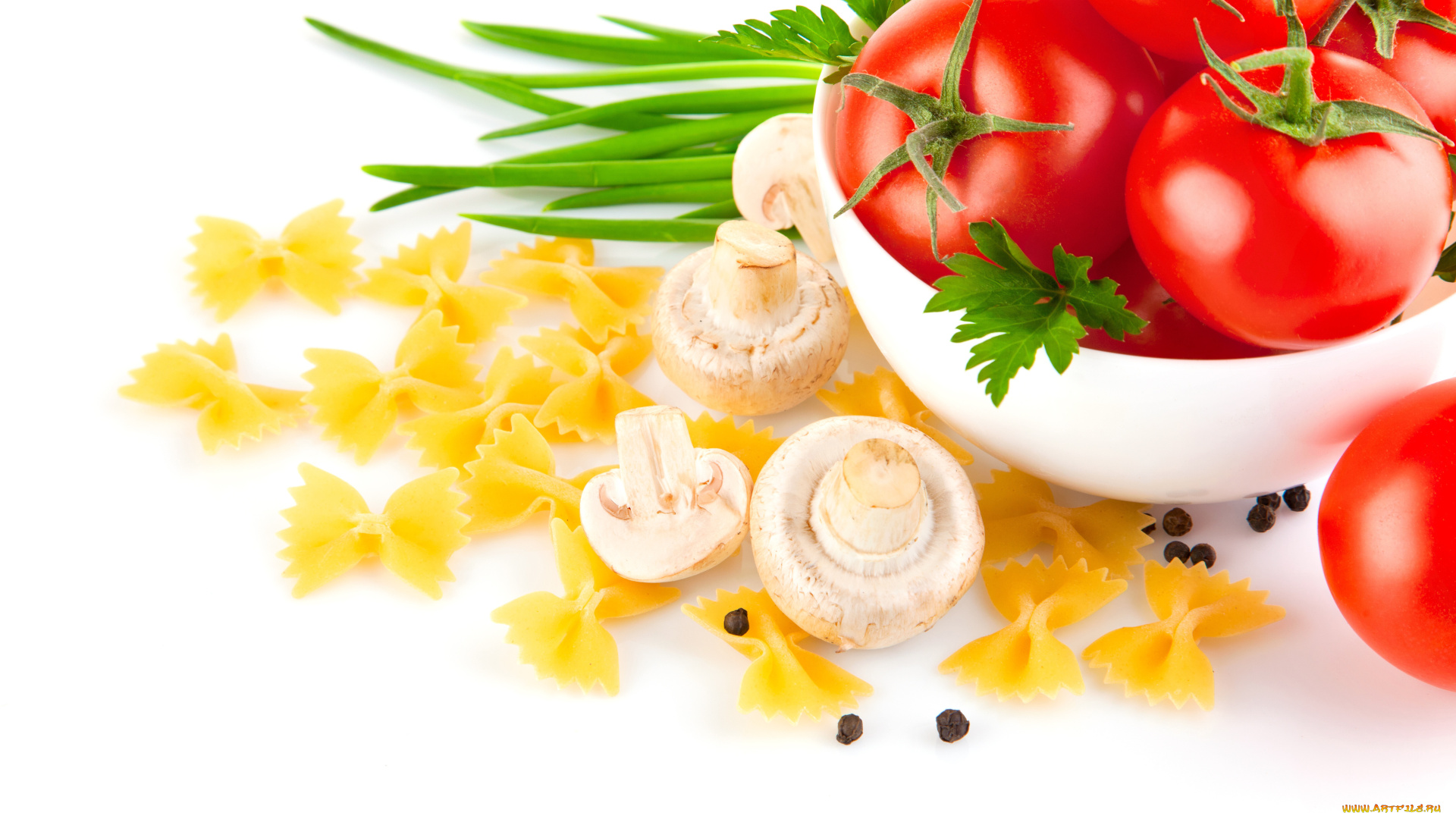 еда, разное, бантики, макароны, шампиньоны, грибы, помидоры, томаты