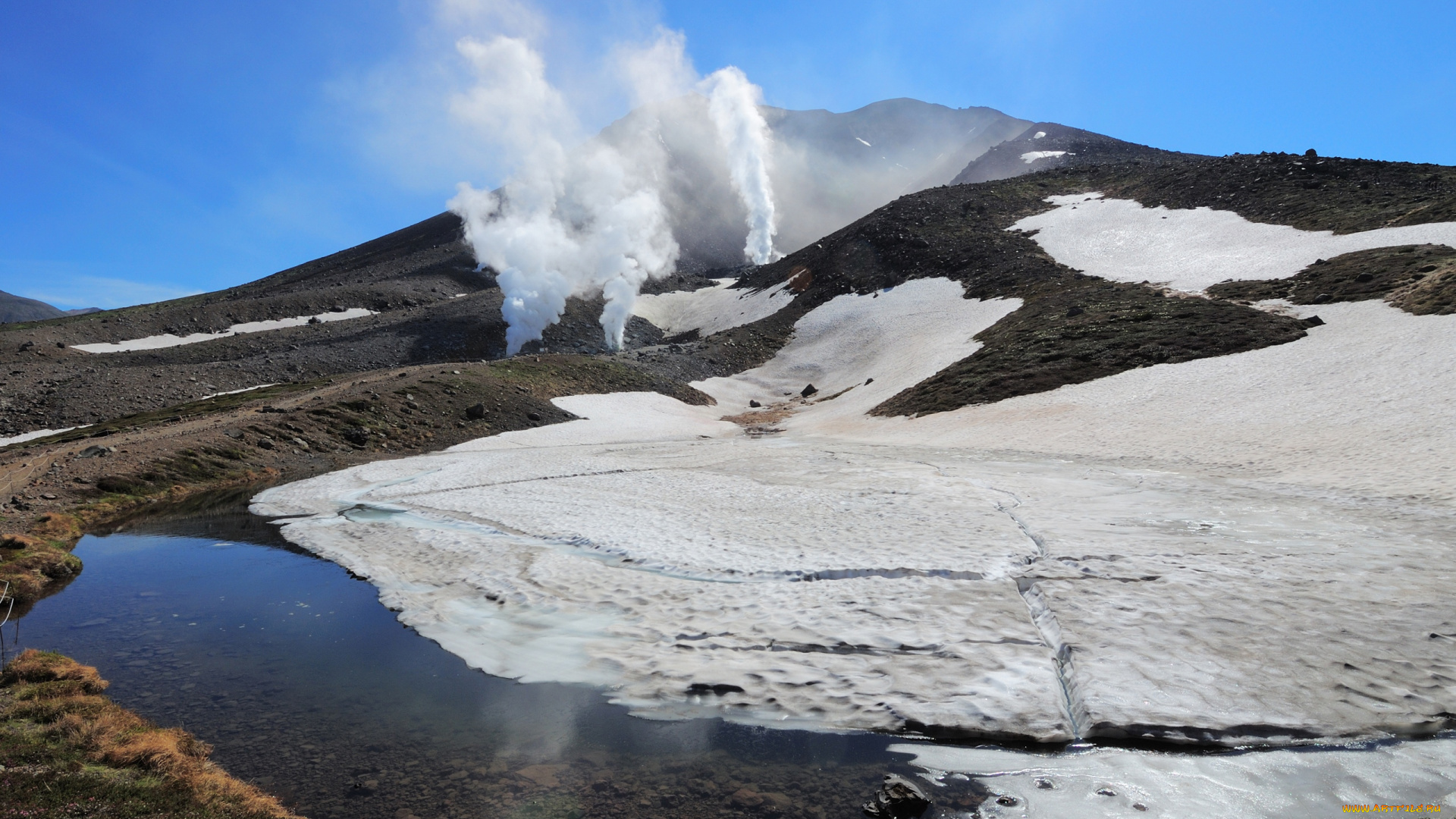 природа, стихия, горы, снег, вода, гейзеры, Япония
