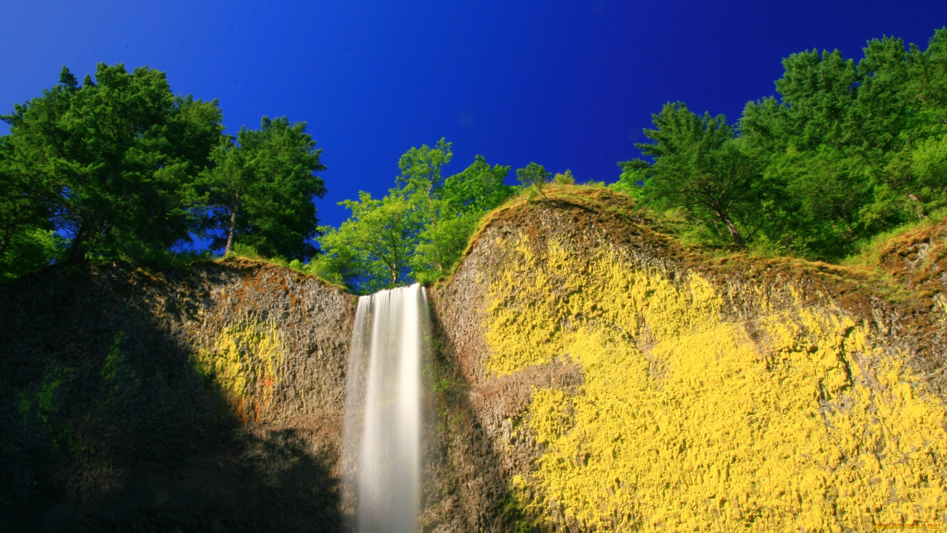 природа, водопады, деревья, скала