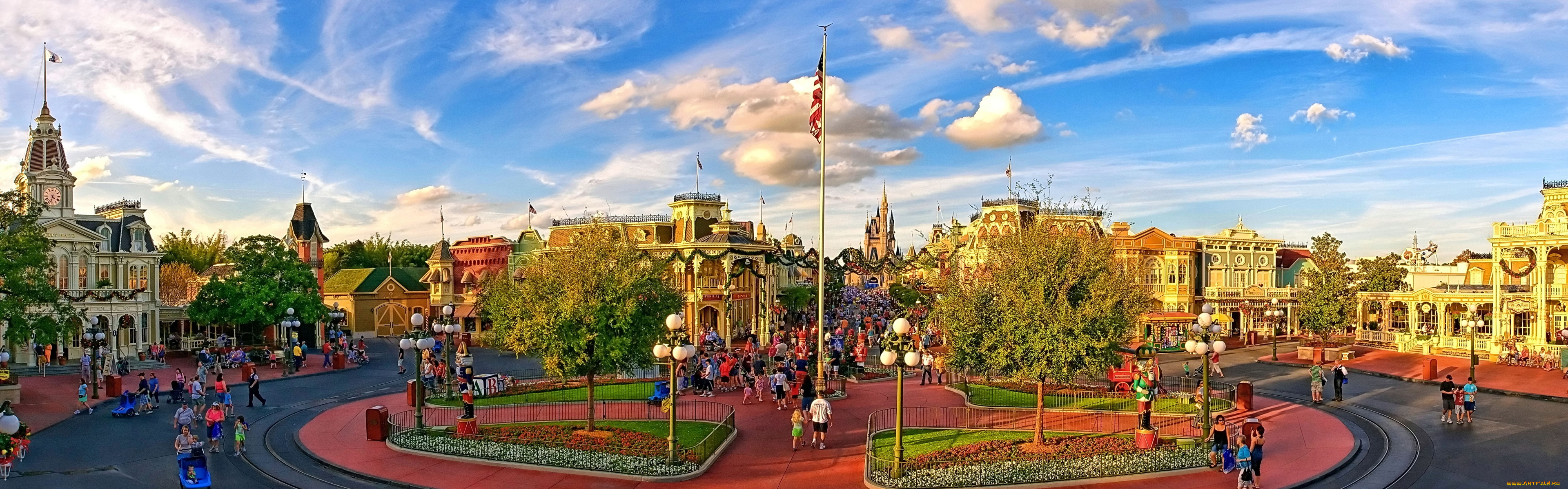 города, диснейленд, дома, облака