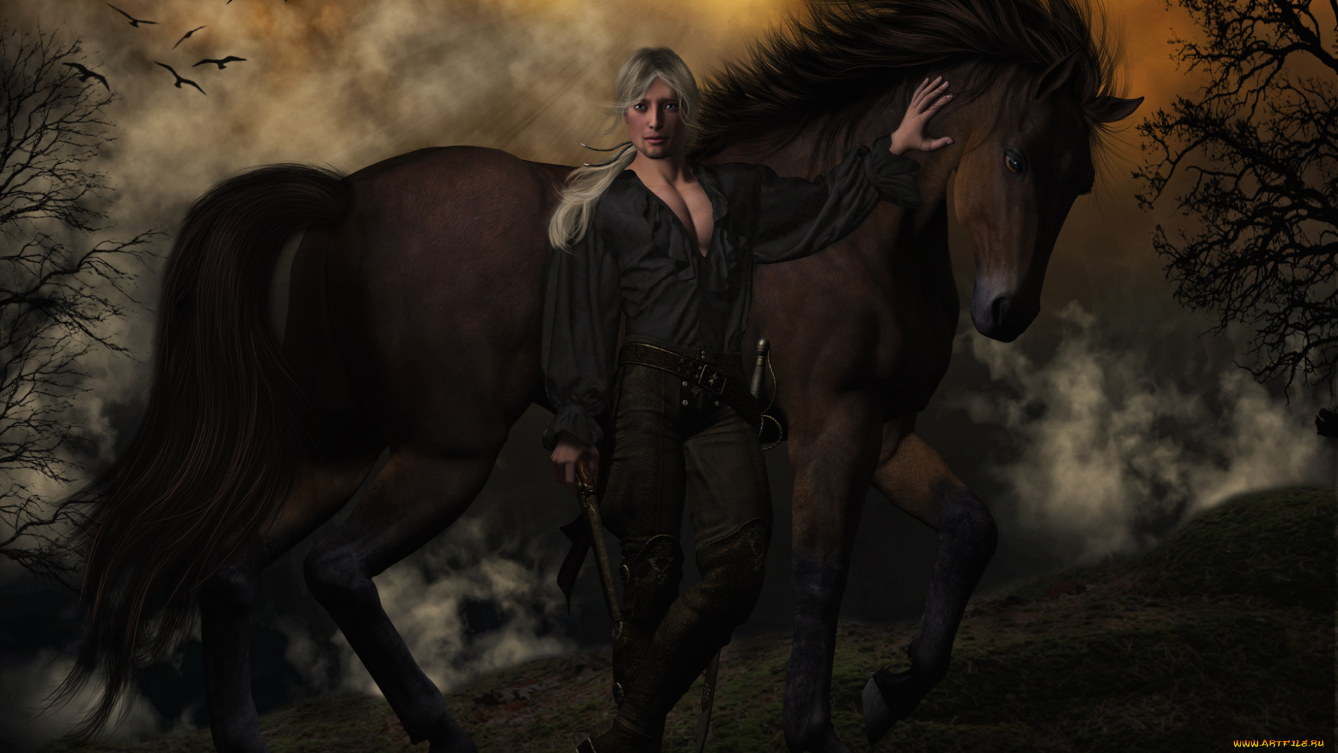 3д, графика, люди, , people, оружие, лошадь, мужчина