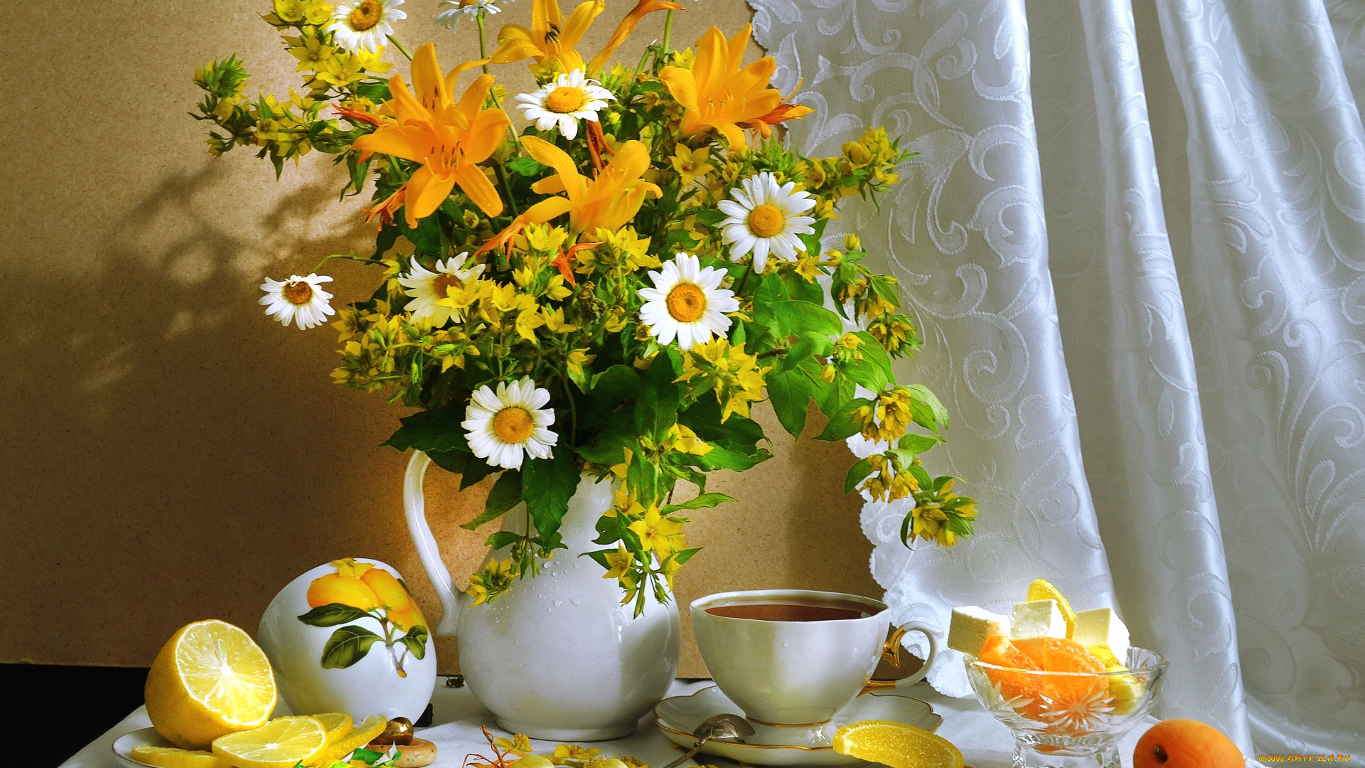 еда, натюрморт, чай, конфеты, лимон, букет