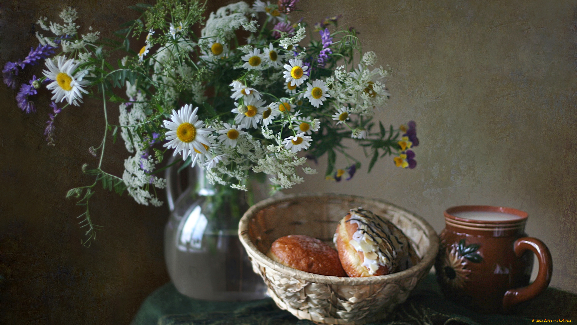 еда, натюрморт, молоко, булочки, букет