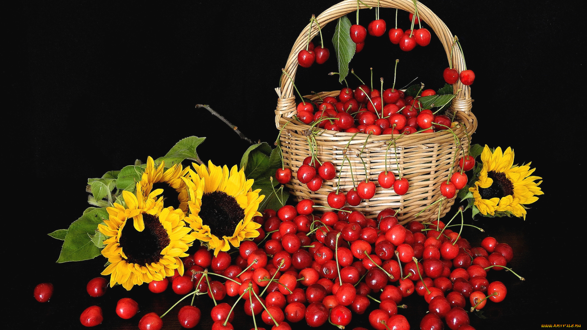 еда, вишня, , черешня, корзинка, подсолнухи