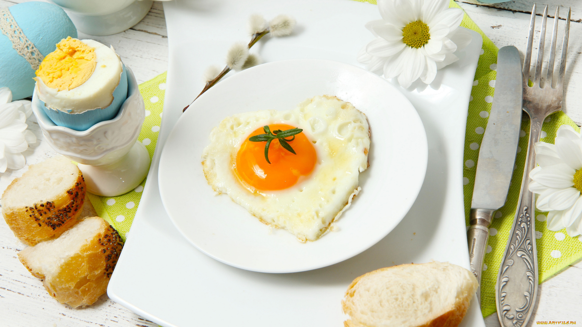 еда, Яичные, блюда, завтрак, хлеб, жаренная, яичница, цветы, breakfast, bread, fried, eggs, flowers