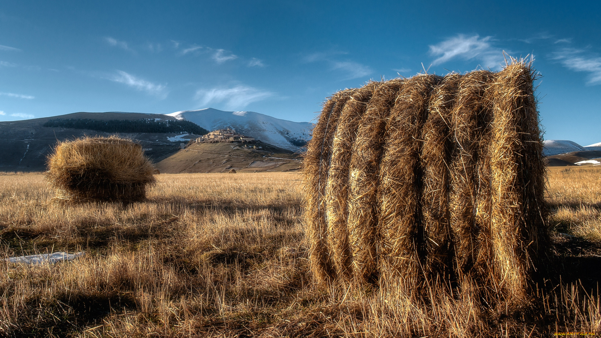 природа, поля, горы, поле, снопы
