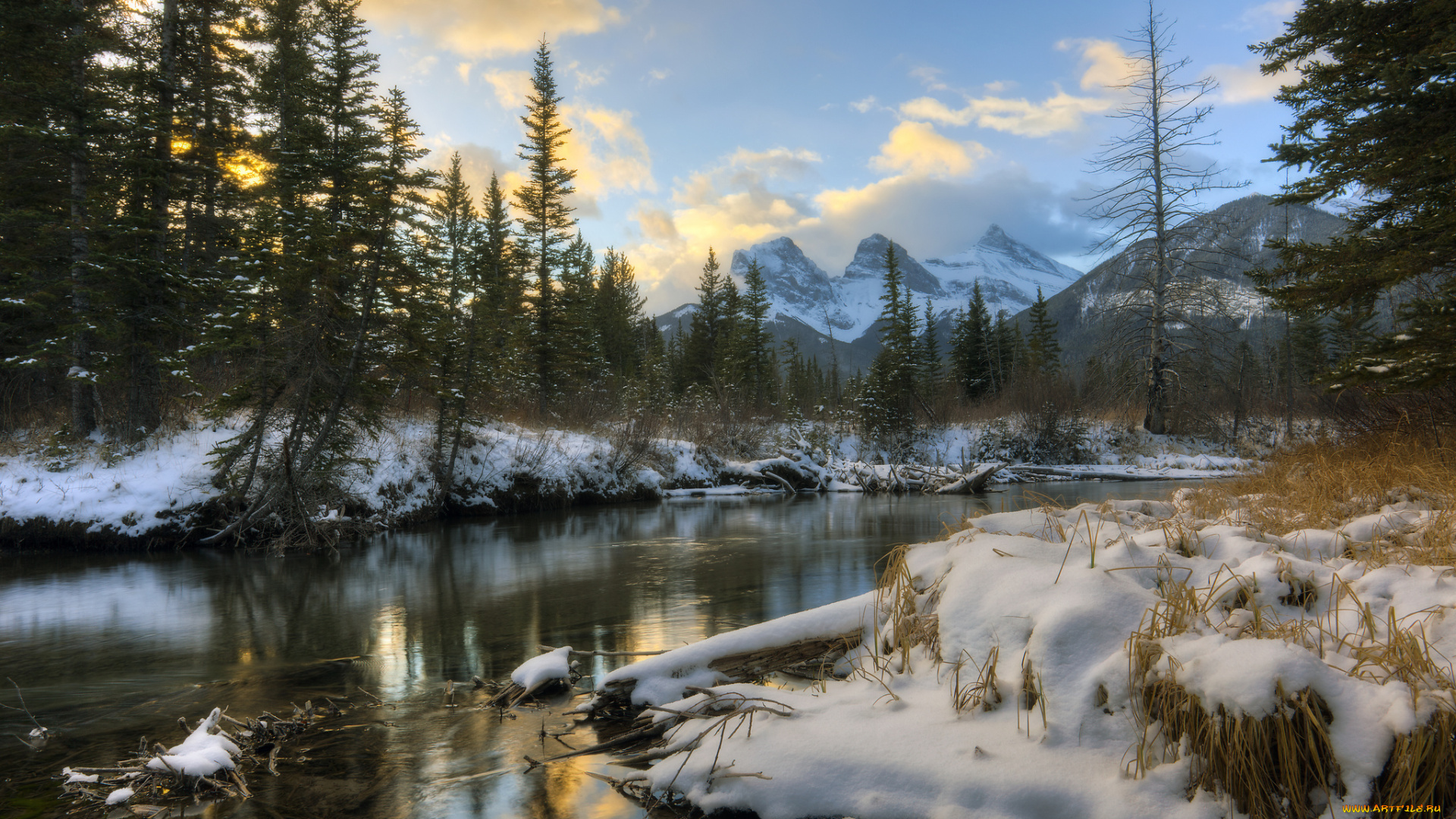 природа, реки, озера, горы, река, лес, осока, снег