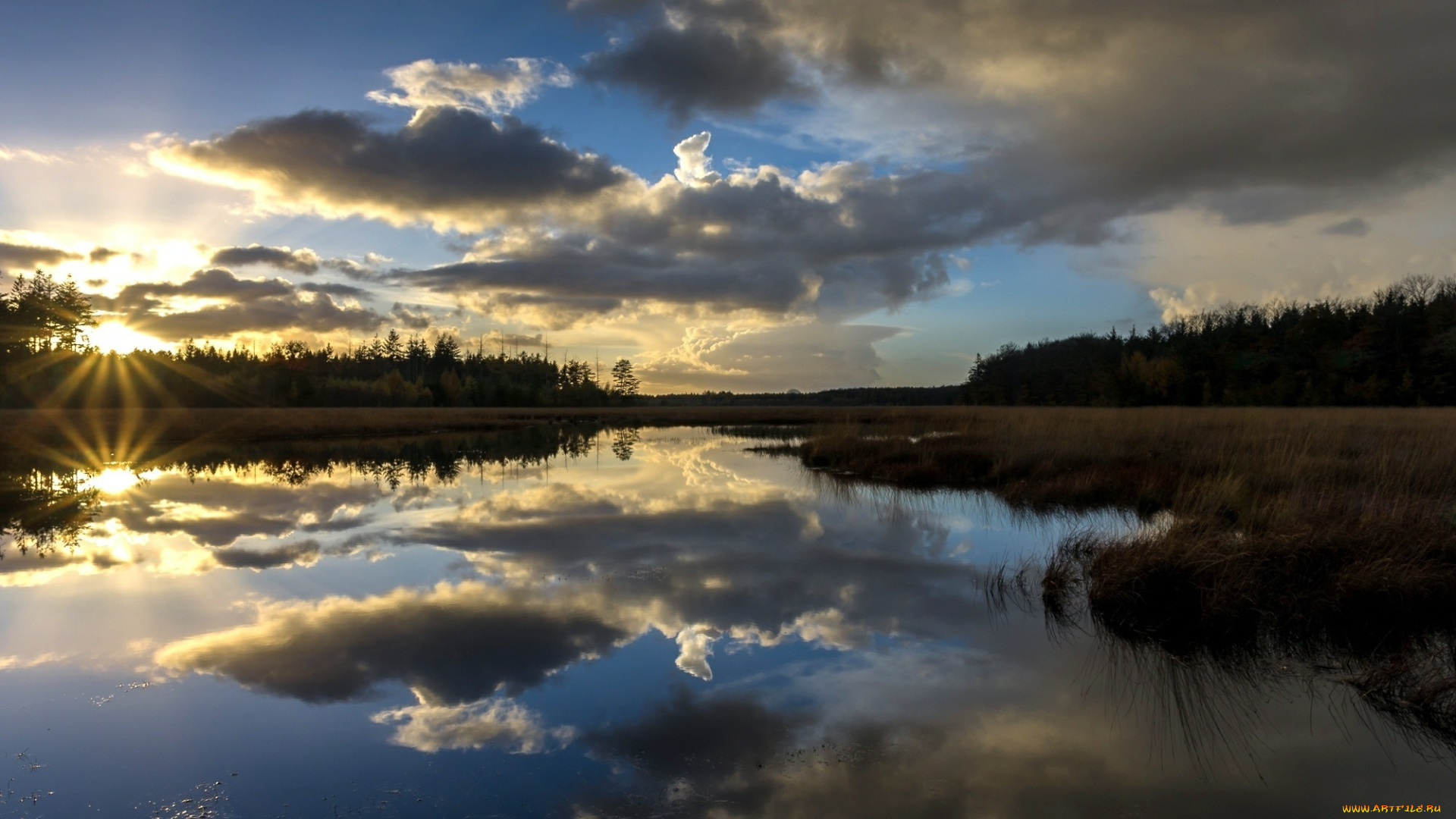 природа, реки, озера, вода, трава, солнце, отражение, небо, облака