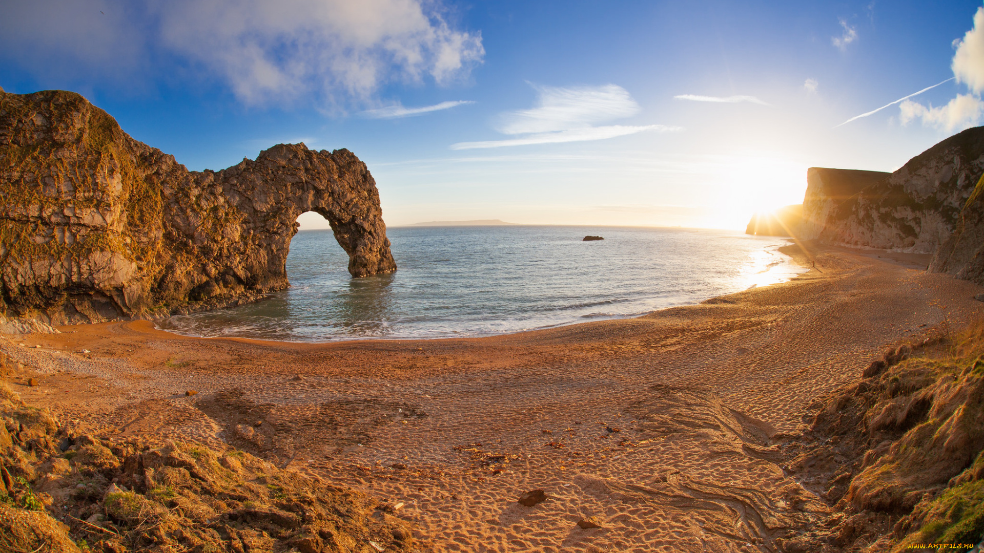 природа, восходы, закаты, океан, бухта, скала, арка, солнце, сияние