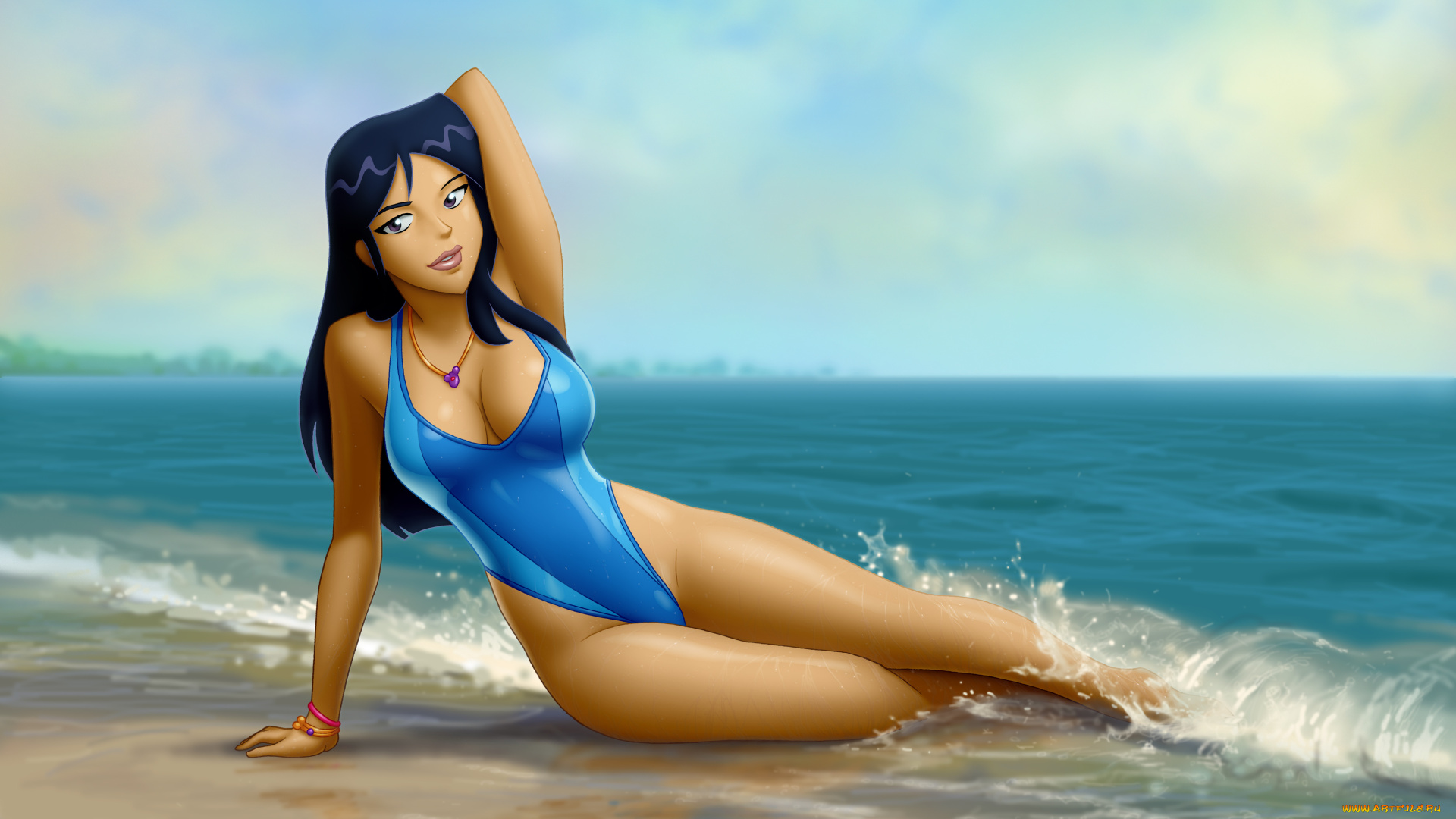 рисованные, люди, пляж, взгляд, море, девушка