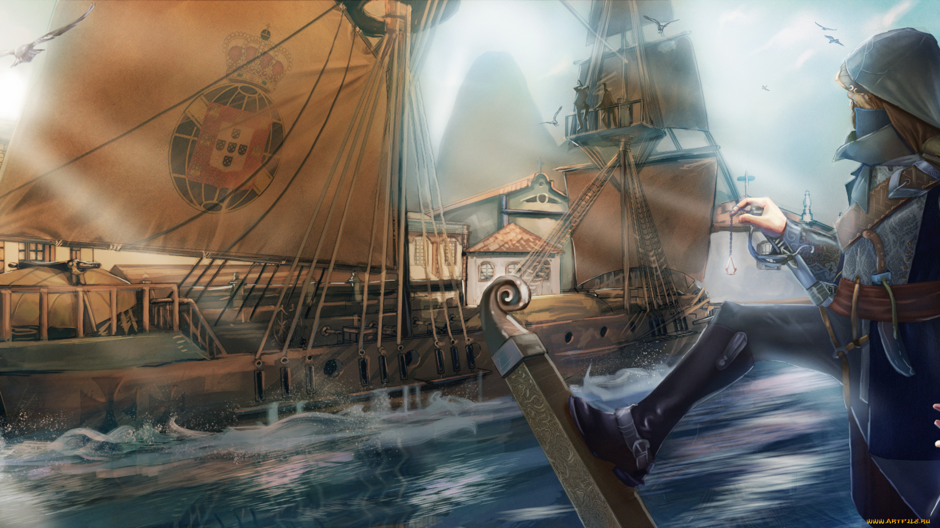 видео, игры, assassin`s, creed, iv, , black, flag, арт, кредо, flag, black, 4, creed, assassins, парусники, море, шутер, убийцы