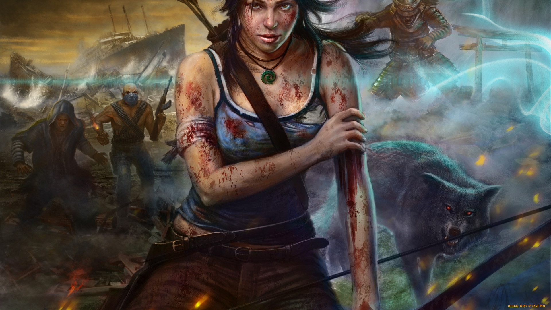 видео, игры, tomb, raider, 2013, девушка, игра, арт, кровь, раны, лук, волк, сияние