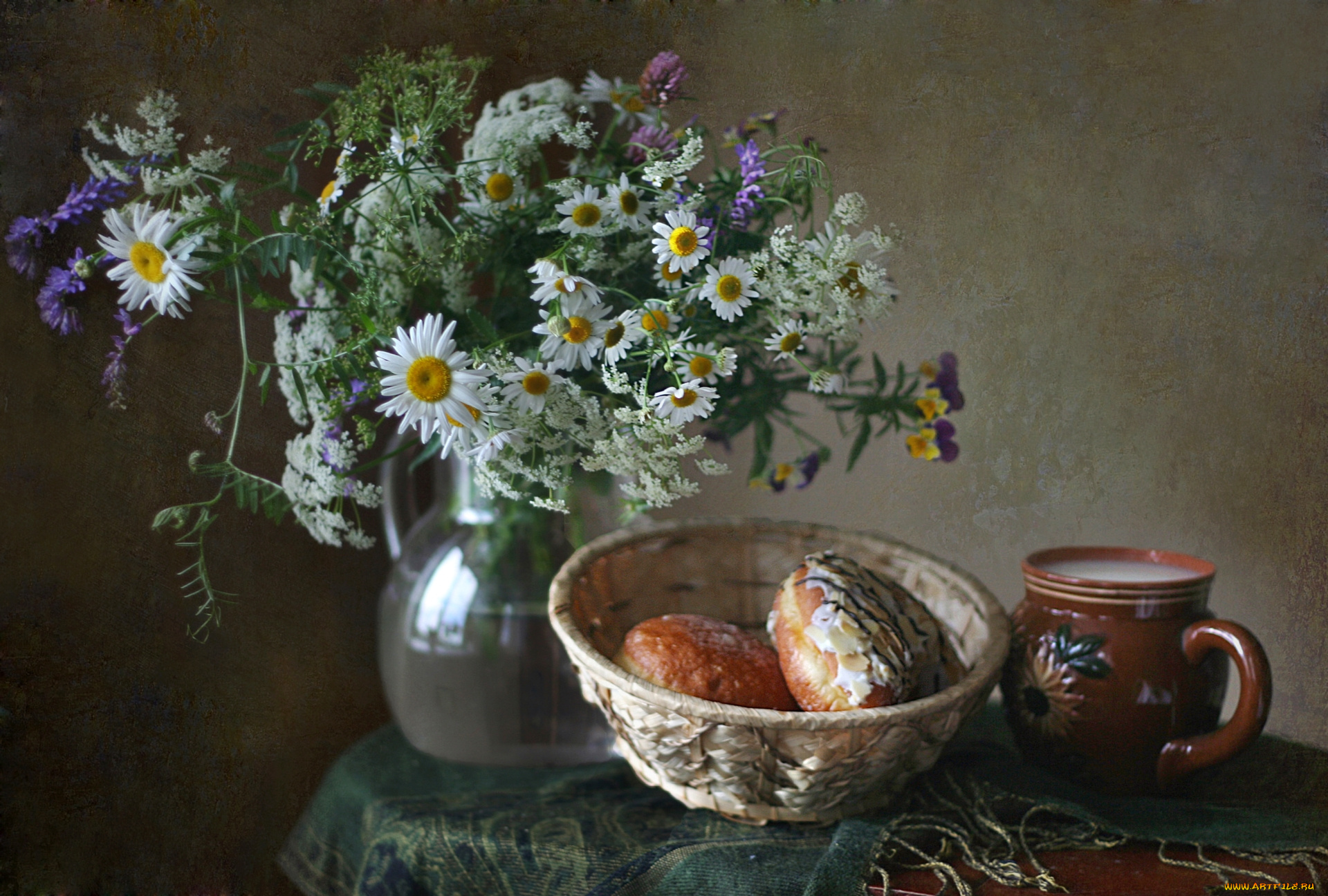 еда, натюрморт, молоко, булочки, букет