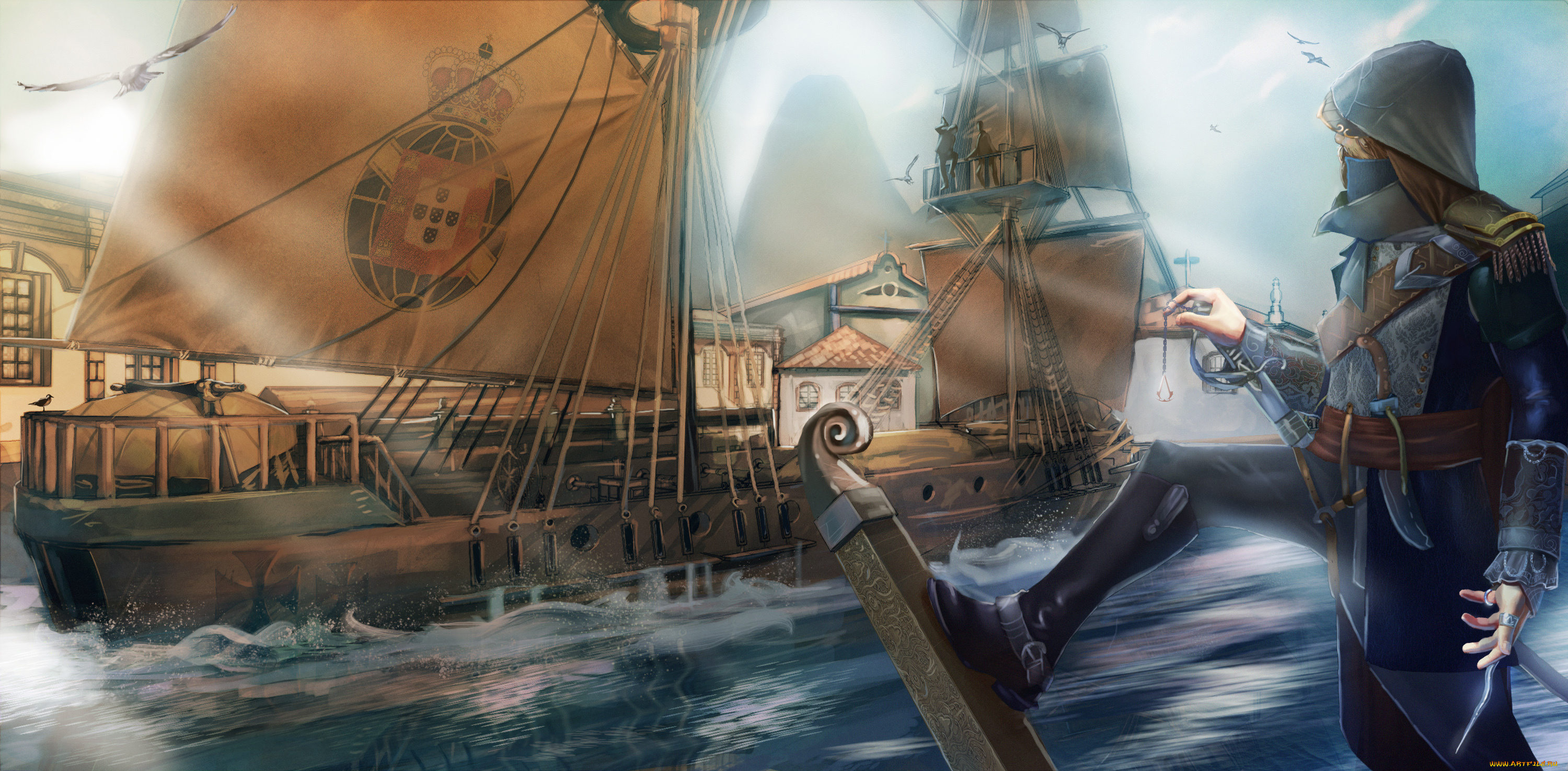 видео, игры, assassin`s, creed, iv, , black, flag, арт, кредо, flag, black, 4, creed, assassins, парусники, море, шутер, убийцы