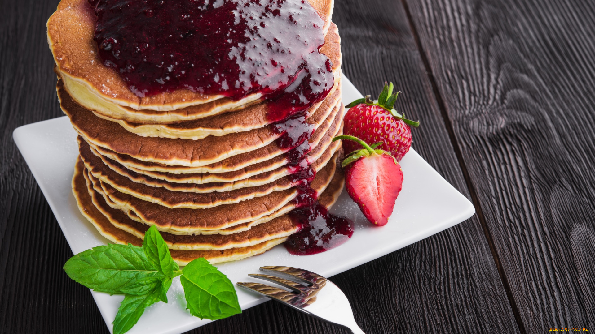 еда, блины, , оладьи, клубника, ягоды, джем, pancakes, выпечка