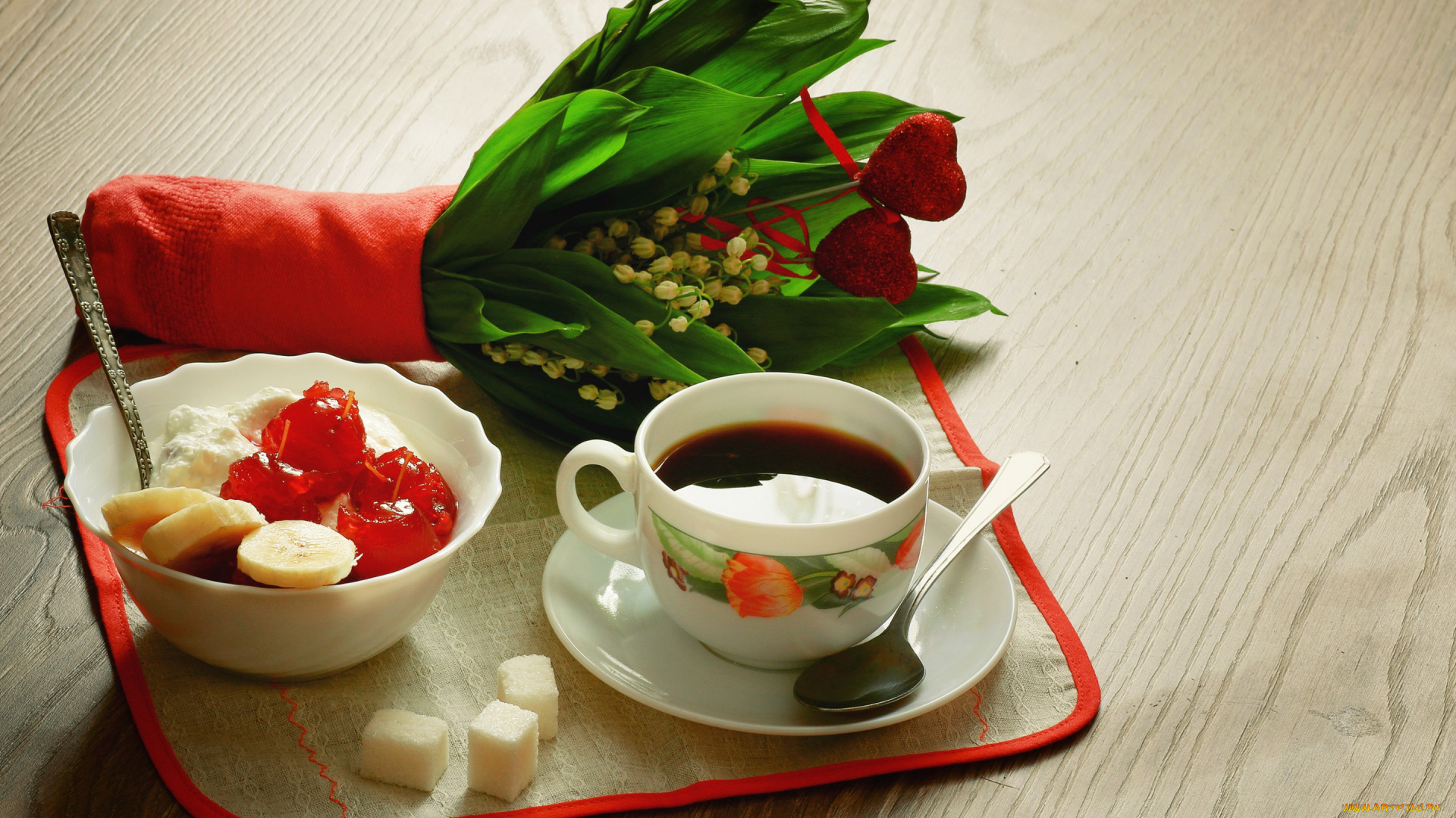 еда, кофе, , кофейные, зёрна, breakfast, ландыши, банан, творог, cup, завтрак, coffee