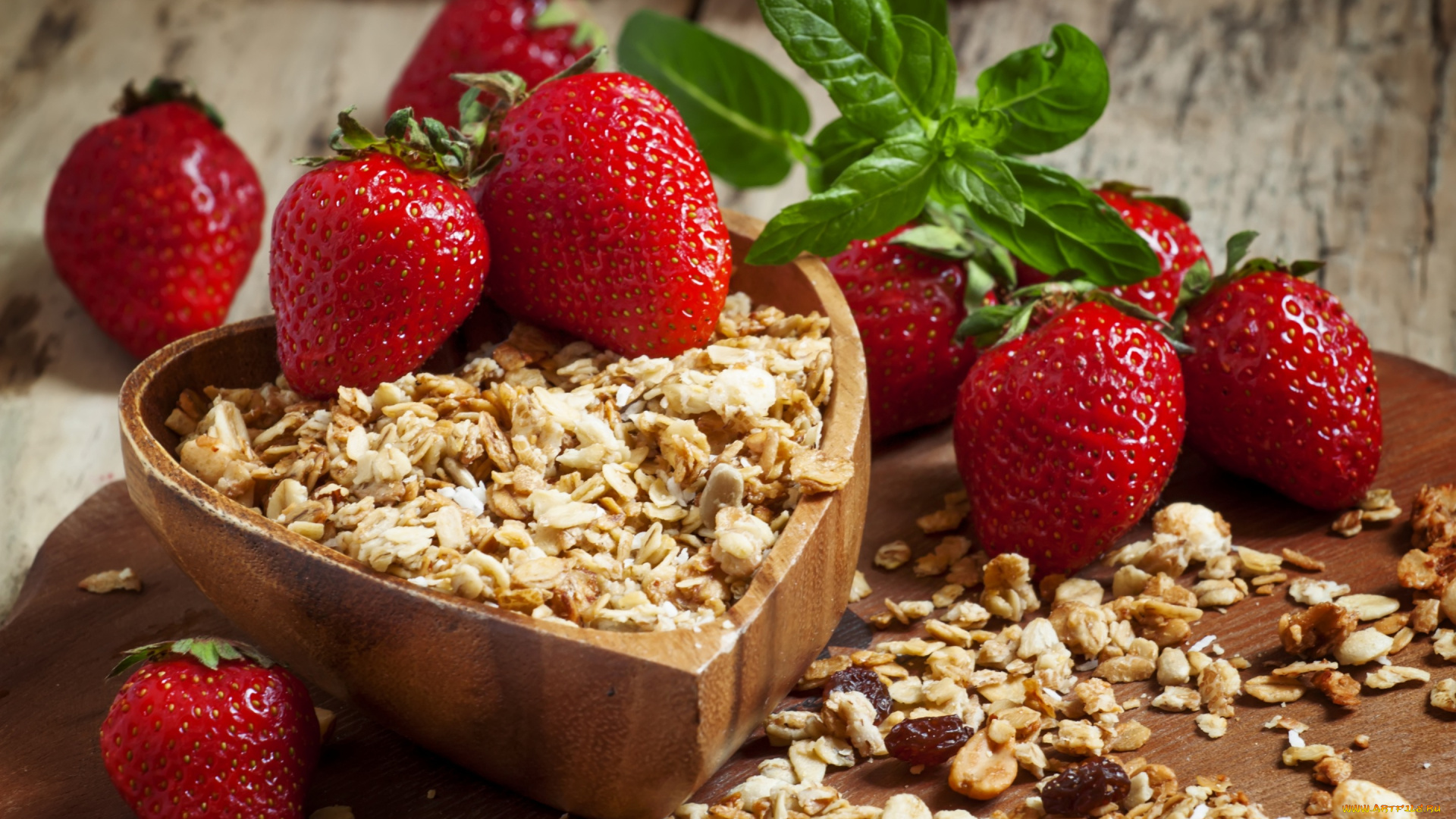 еда, мюсли, , хлопья, strawberry, fresh, berries, sweet, red, клубника, ягоды, спелая, красная, хлопья