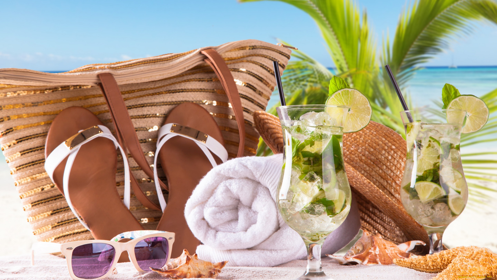 еда, напитки, , коктейль, paradise, mojito, лайм, cocktail, отдых, очки, пляж, мохито, summer, vacation, море, palms, tropical, sand, sea, beach, полотенце, сумка