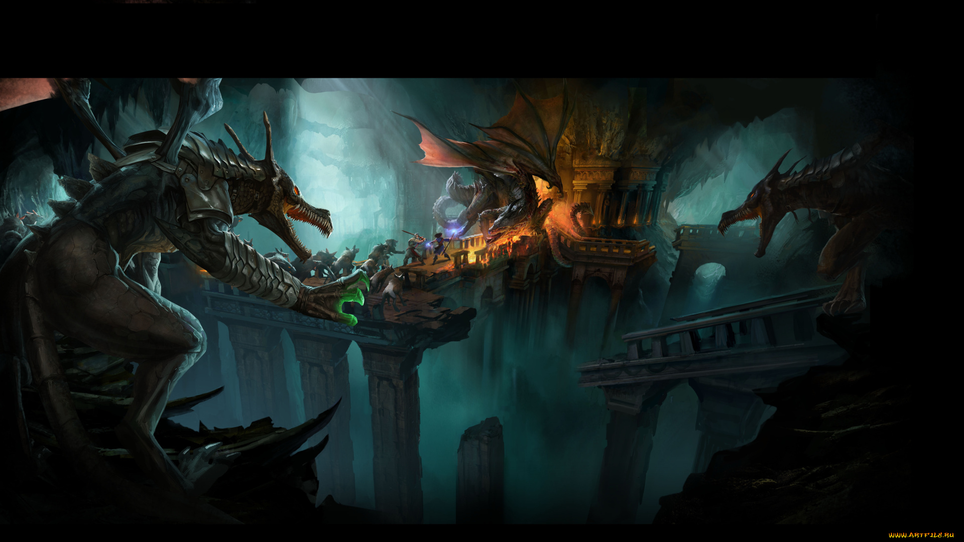 фэнтези, драконы, люди, дракон, схватка, мост, твари, существа