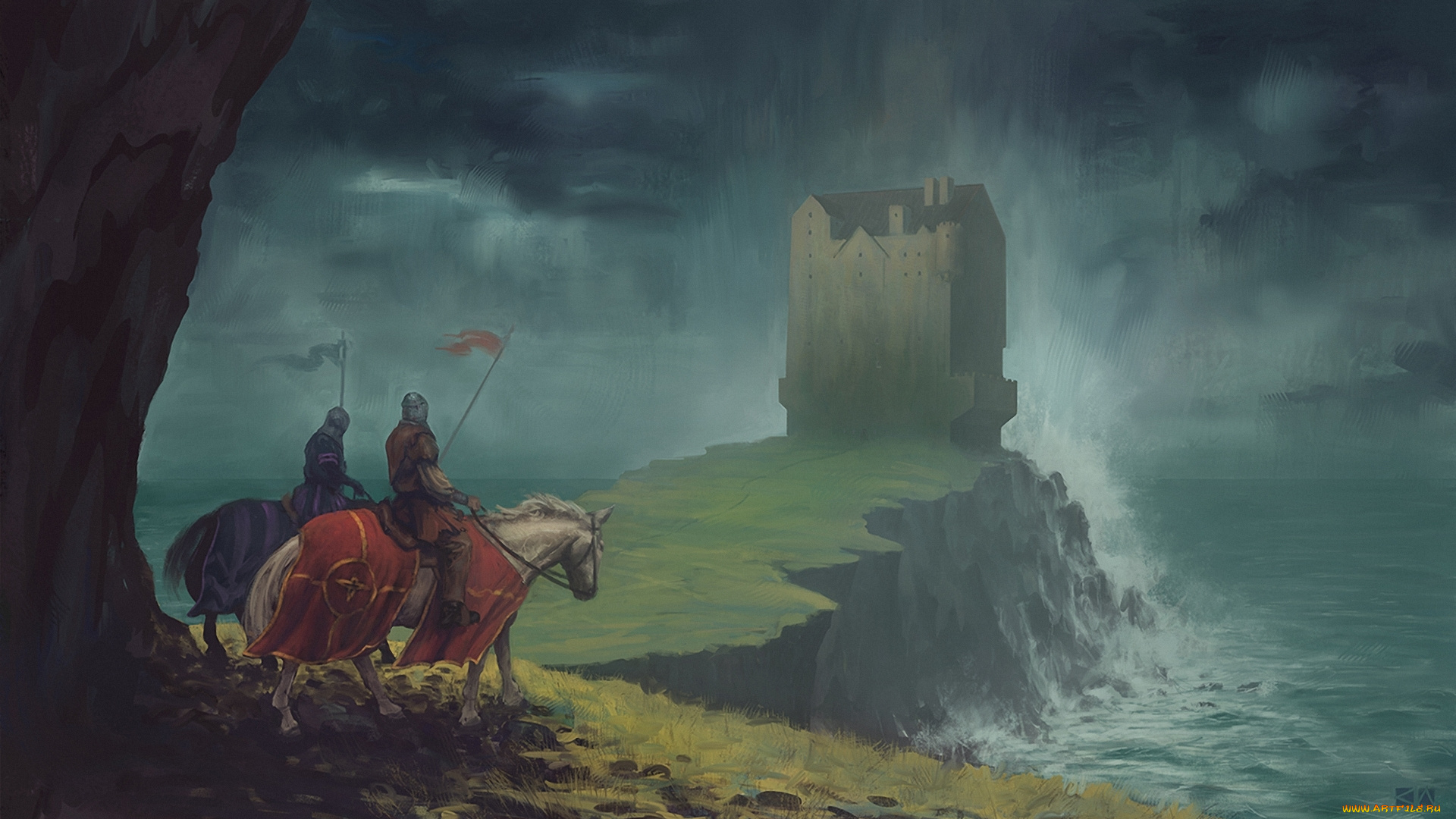 фэнтези, люди, утес, рыцари, доспехи, лошади, замок