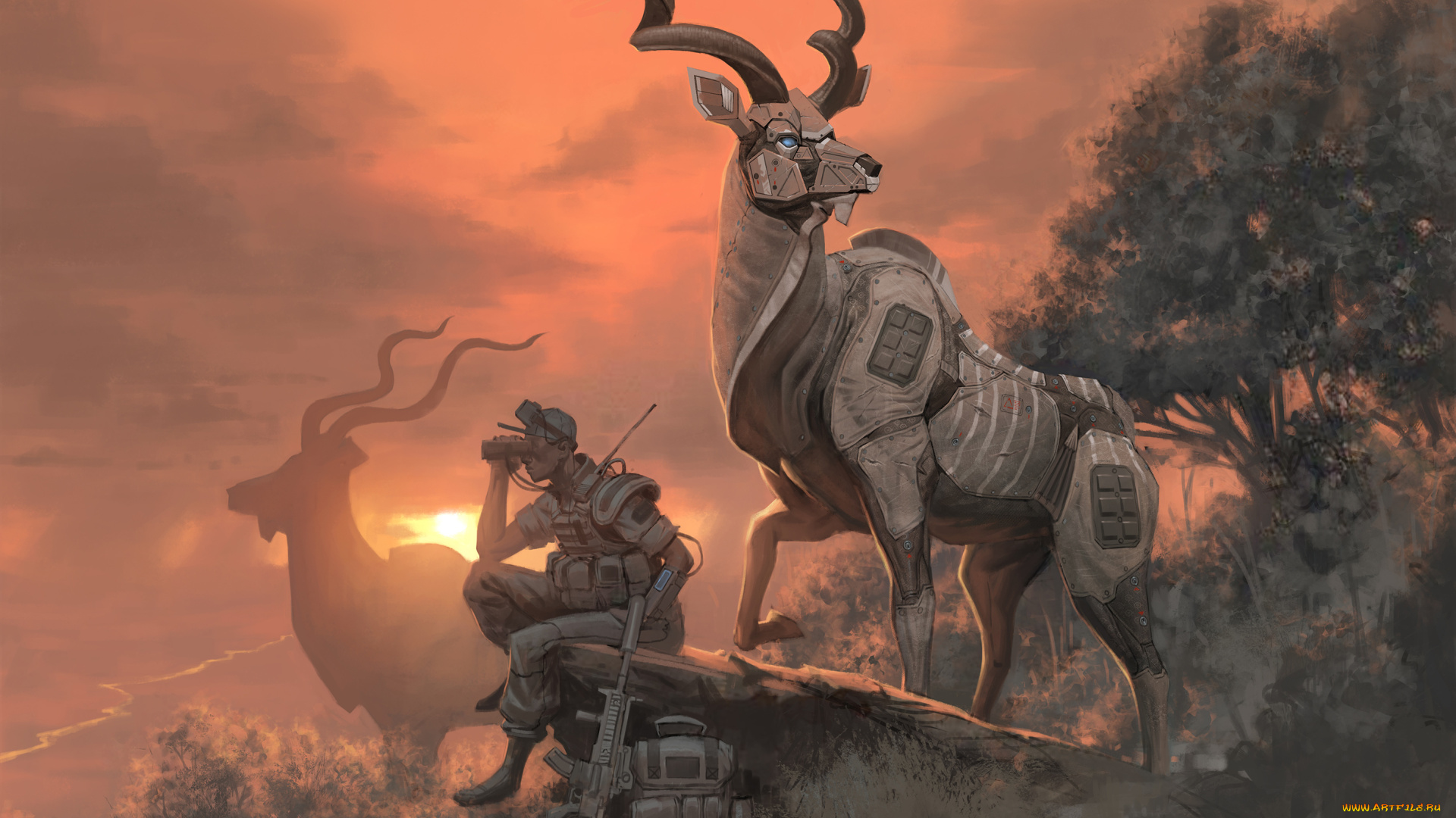 фэнтези, роботы, , киборги, , механизмы, антилопа, kudu, закат, робот, солдат, рога