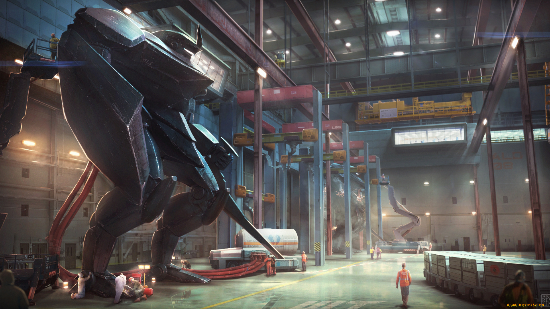 фэнтези, роботы, , киборги, , механизмы, робот, ангар, рабочие, фантастика, black, knight, mech