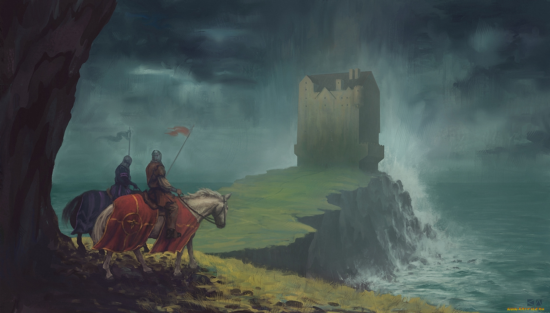 фэнтези, люди, утес, рыцари, доспехи, лошади, замок