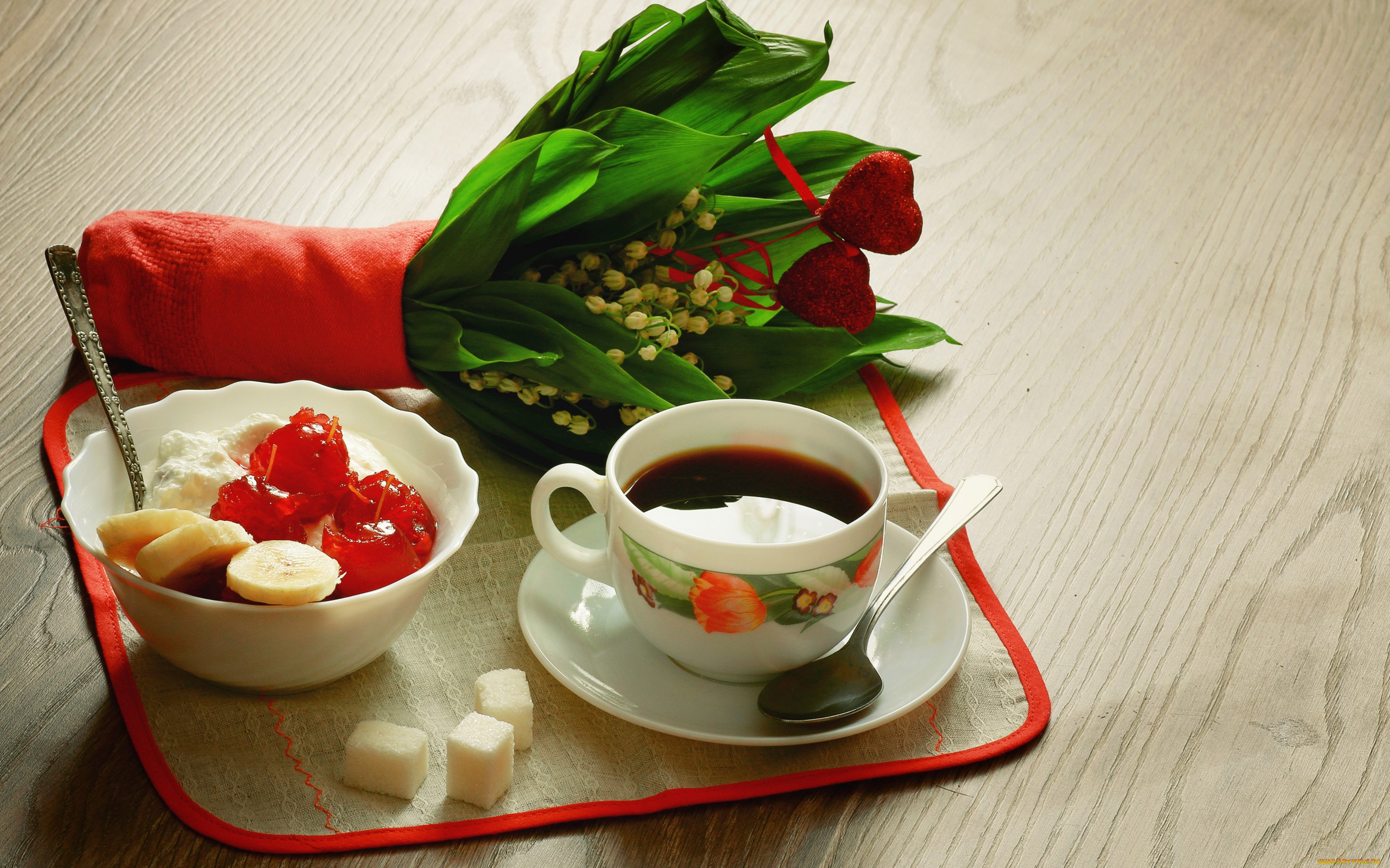 еда, кофе, , кофейные, зёрна, breakfast, ландыши, банан, творог, cup, завтрак, coffee