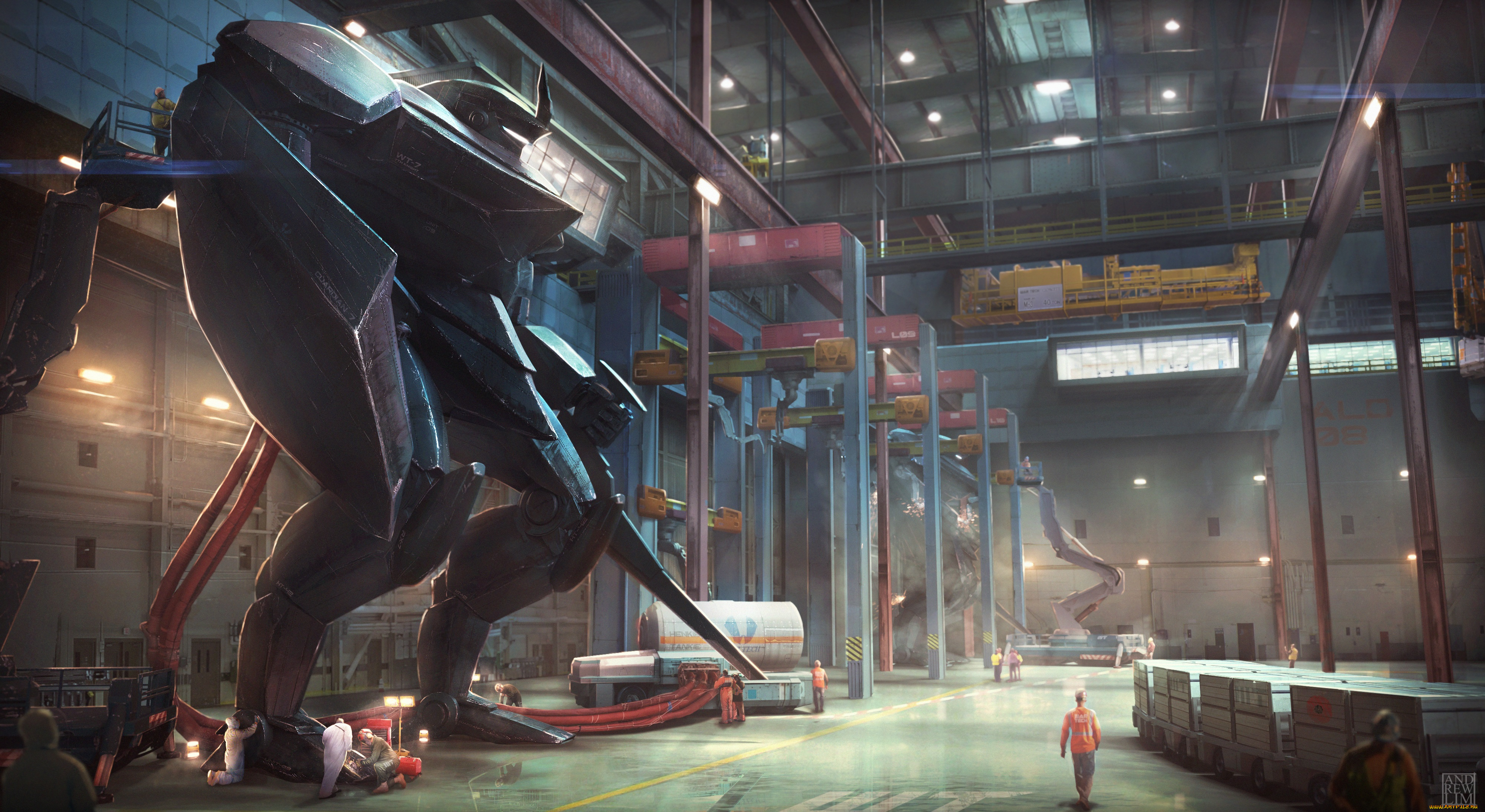 фэнтези, роботы, , киборги, , механизмы, робот, ангар, рабочие, фантастика, black, knight, mech