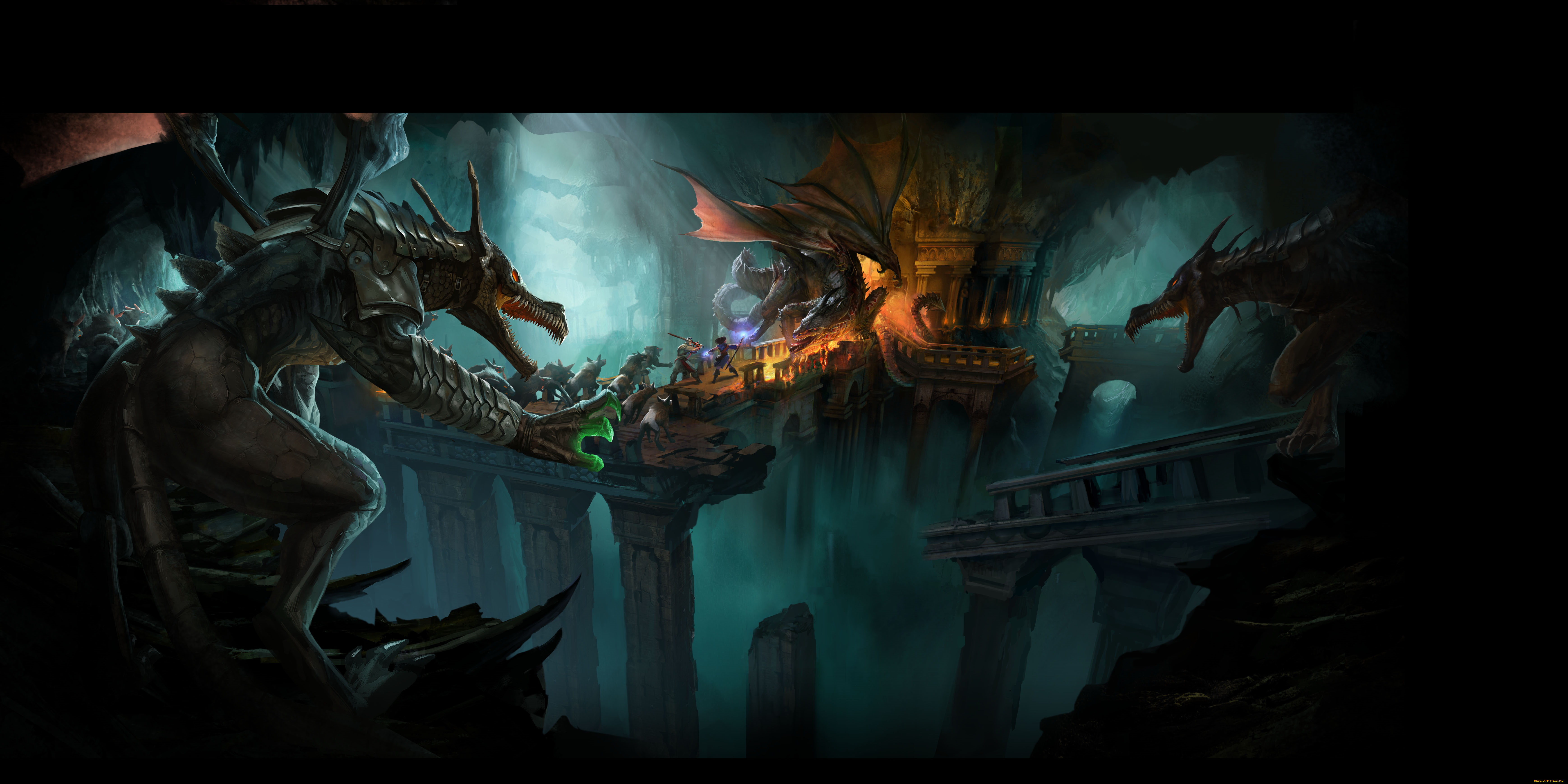 фэнтези, драконы, люди, дракон, схватка, мост, твари, существа