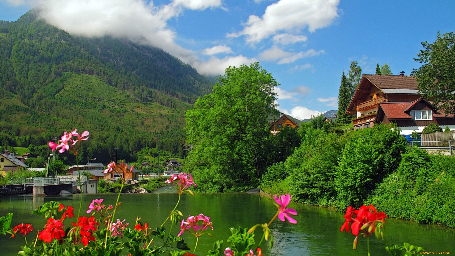 города, -, пейзажи, река, горы, герань