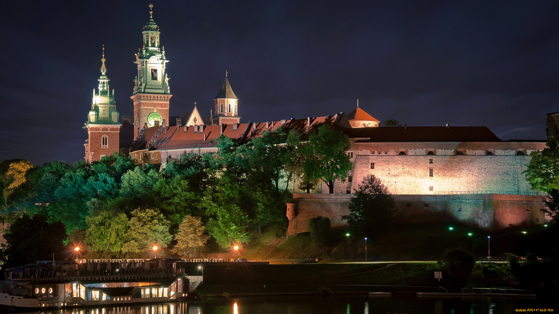 города, краков, , польша, замок, река, вечер
