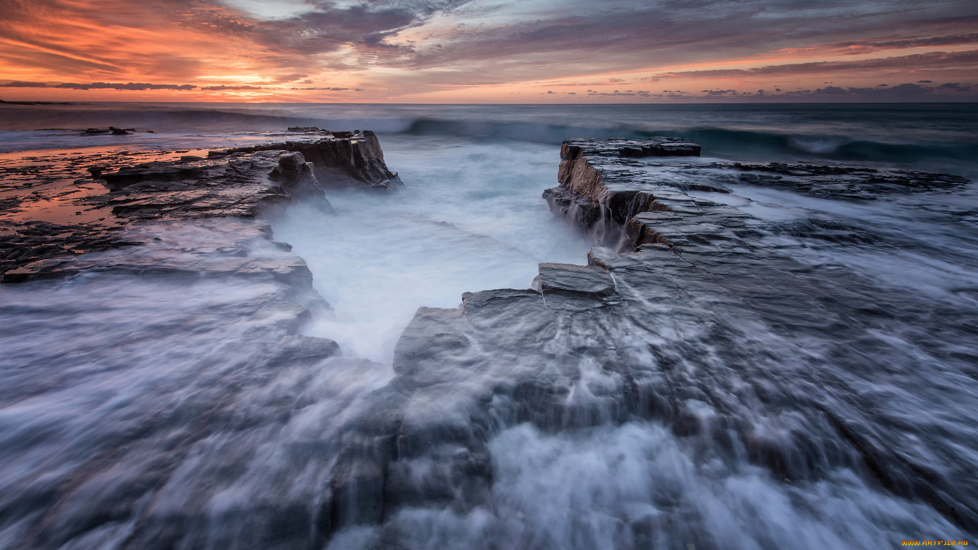 природа, побережье, пляж, австралия, новый, южный, уэльс, королевский, национальный, парк, утро, выдержка, вода, скалы, берег, камни, эра