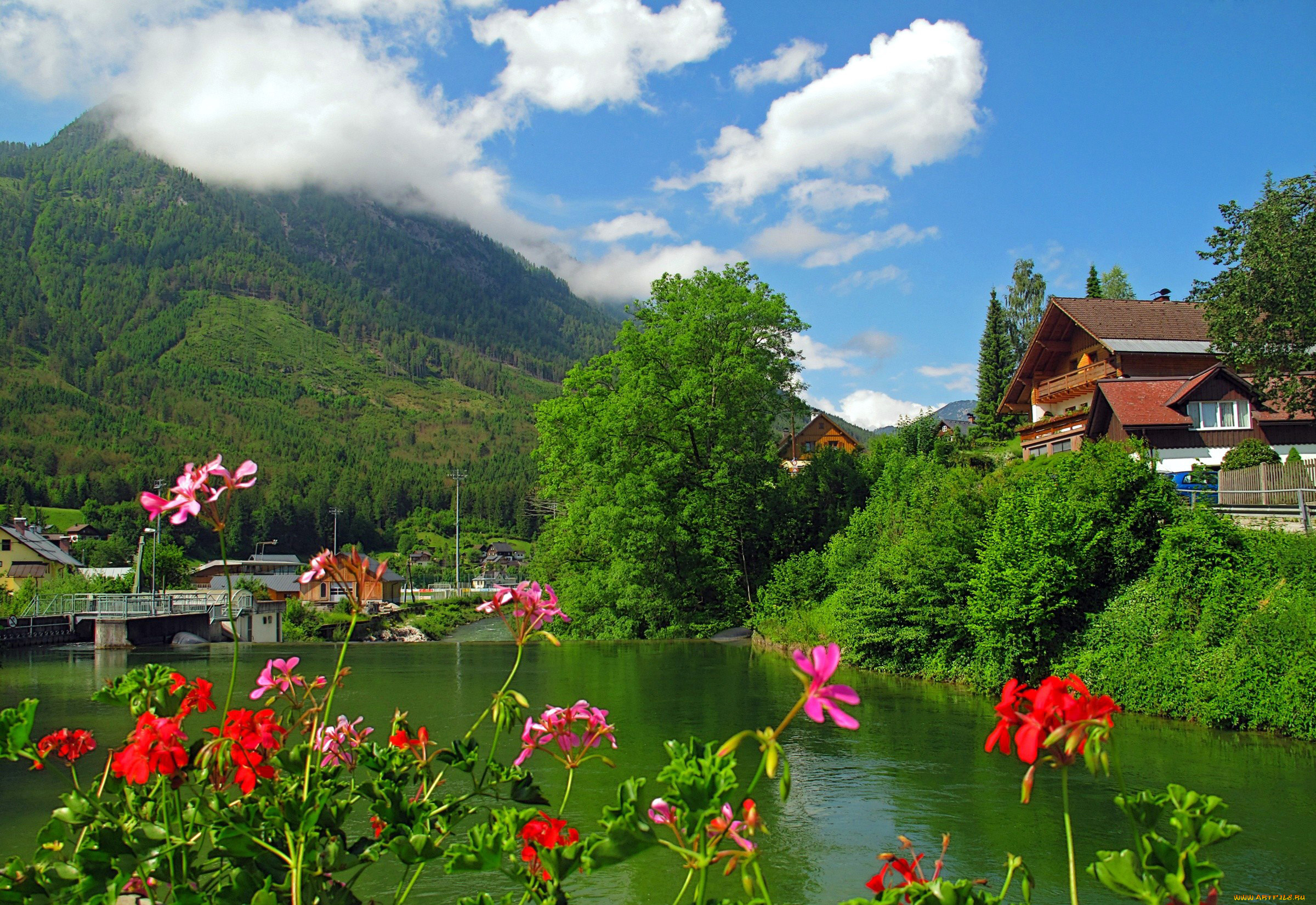 города, -, пейзажи, река, горы, герань