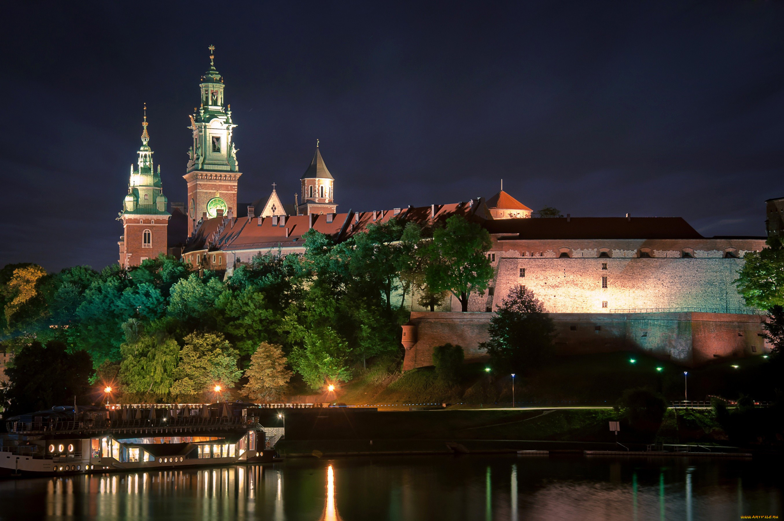 города, краков, , польша, замок, река, вечер