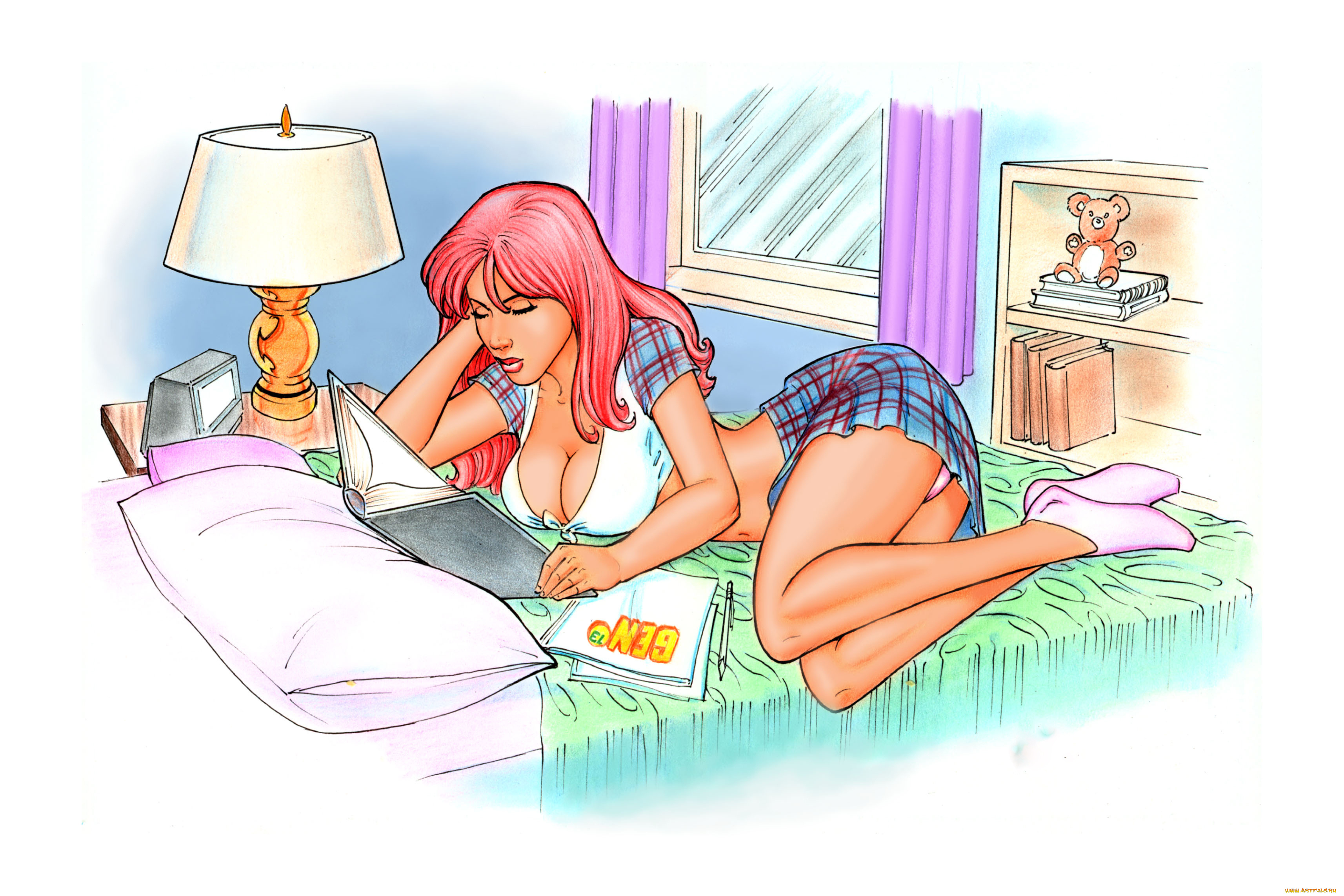 рисованное, люди, мишка, обстановка, комната, фон, девушка