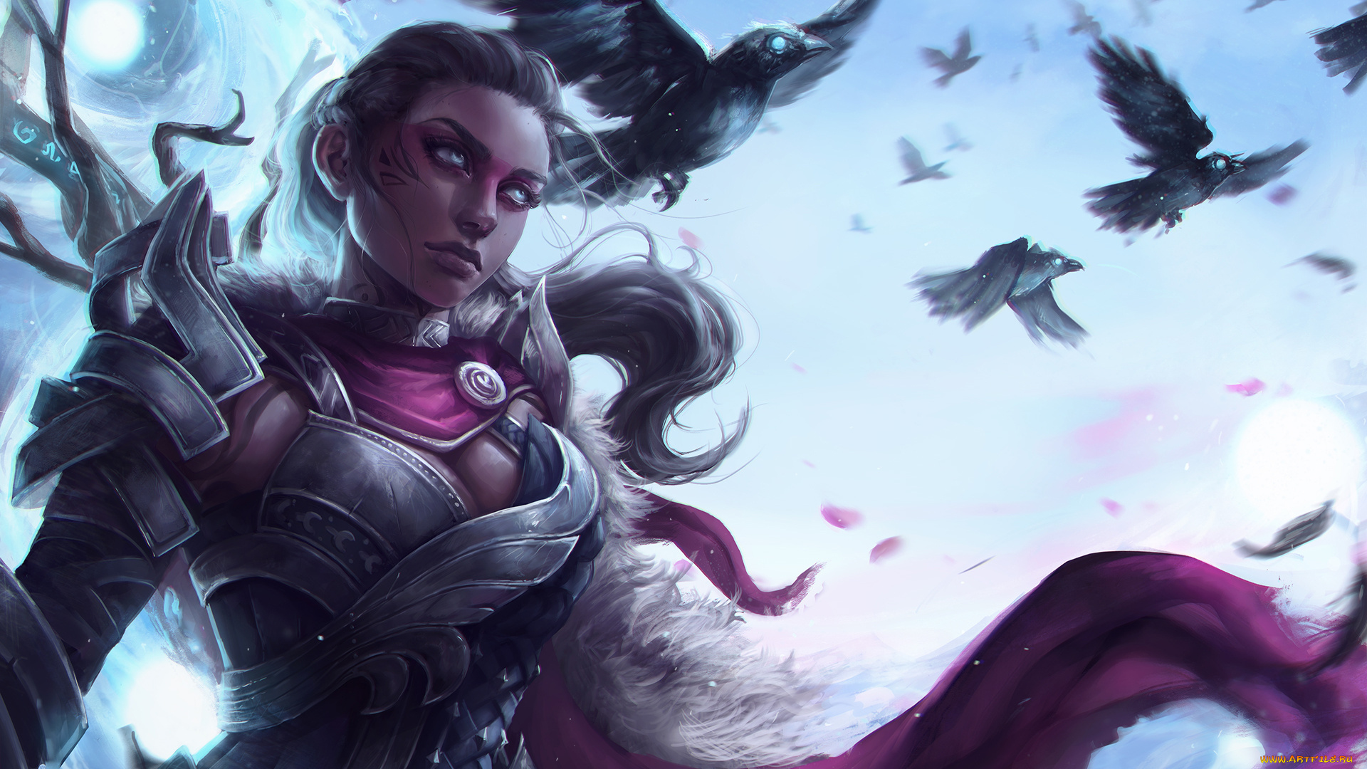 фэнтези, девушки, взгляд, фон, девушка, вороны, латы