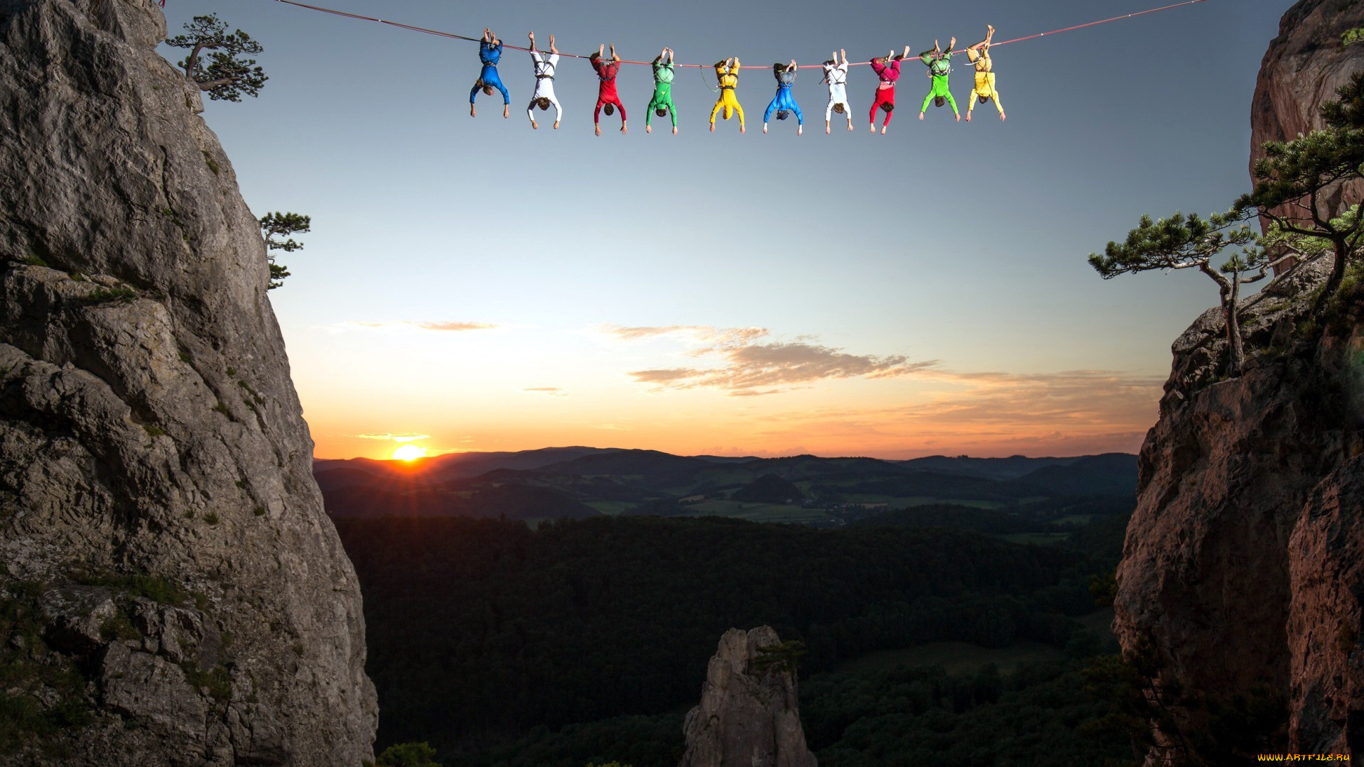 юмор, и, приколы, горы, люди, закат, канат, пропасть