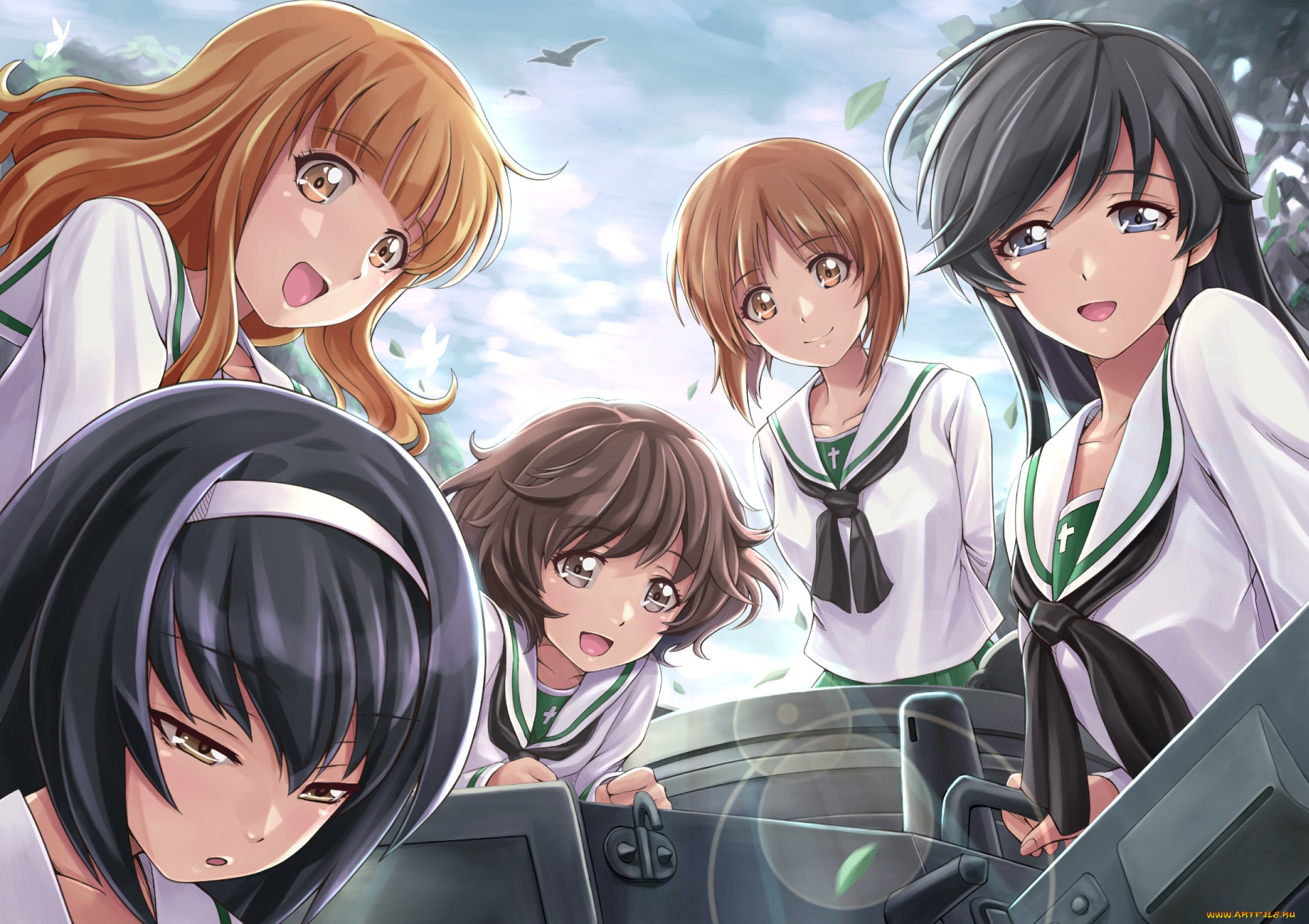 аниме, girls, und, panzer, девушки, взгляд, фон