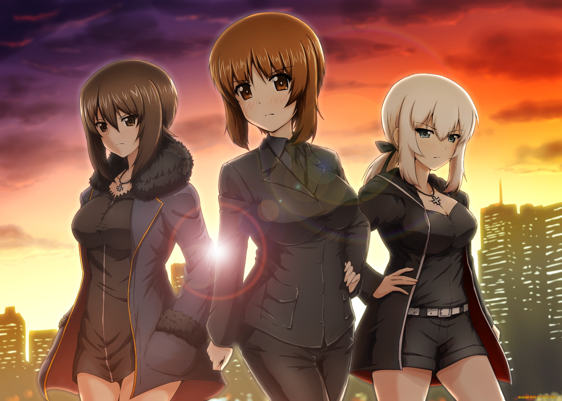 аниме, girls, und, panzer, девушки, взгляд, фон