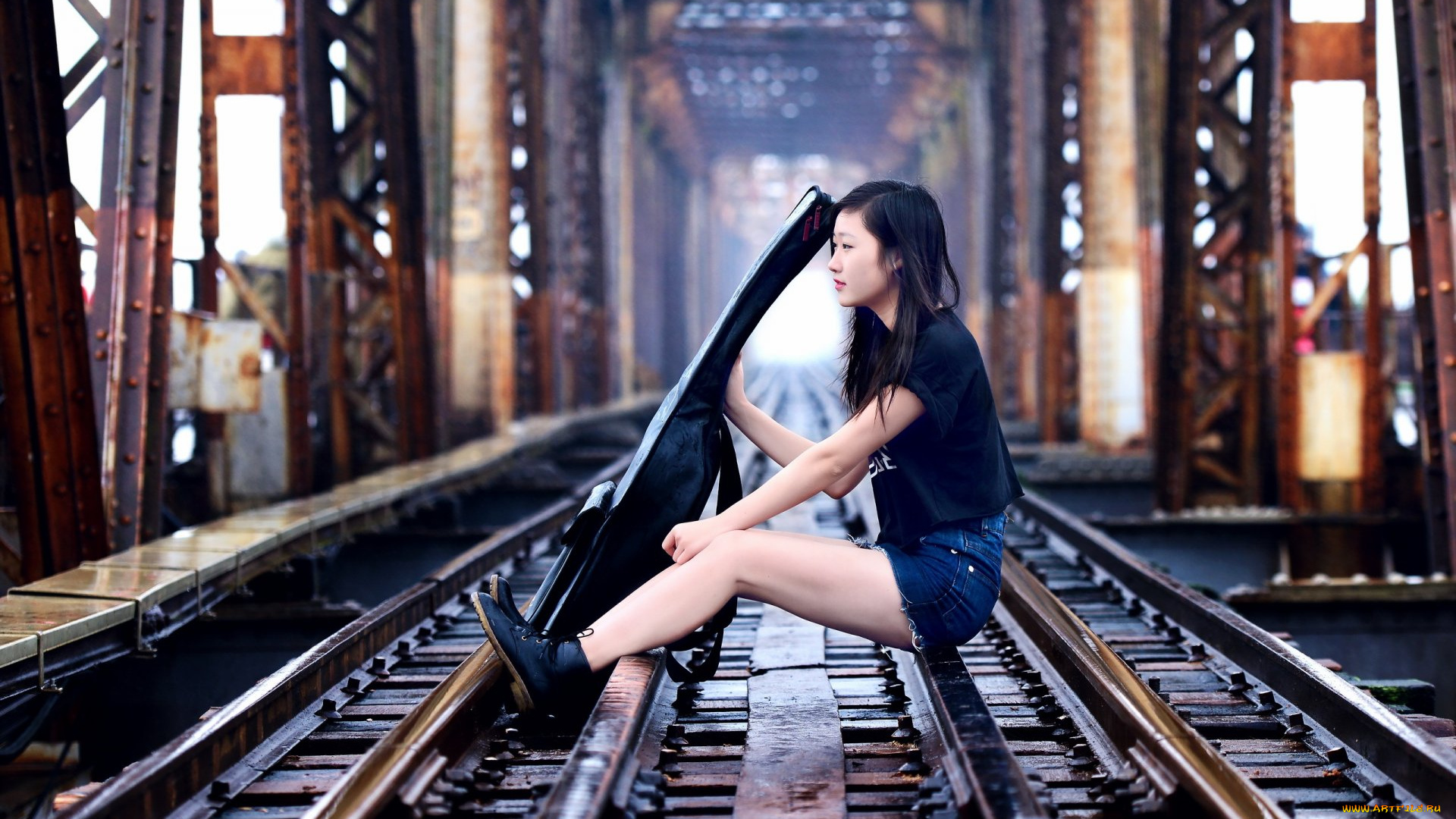 музыка, -другое, азиатка, рельсы, девушка, гитара, профиль
