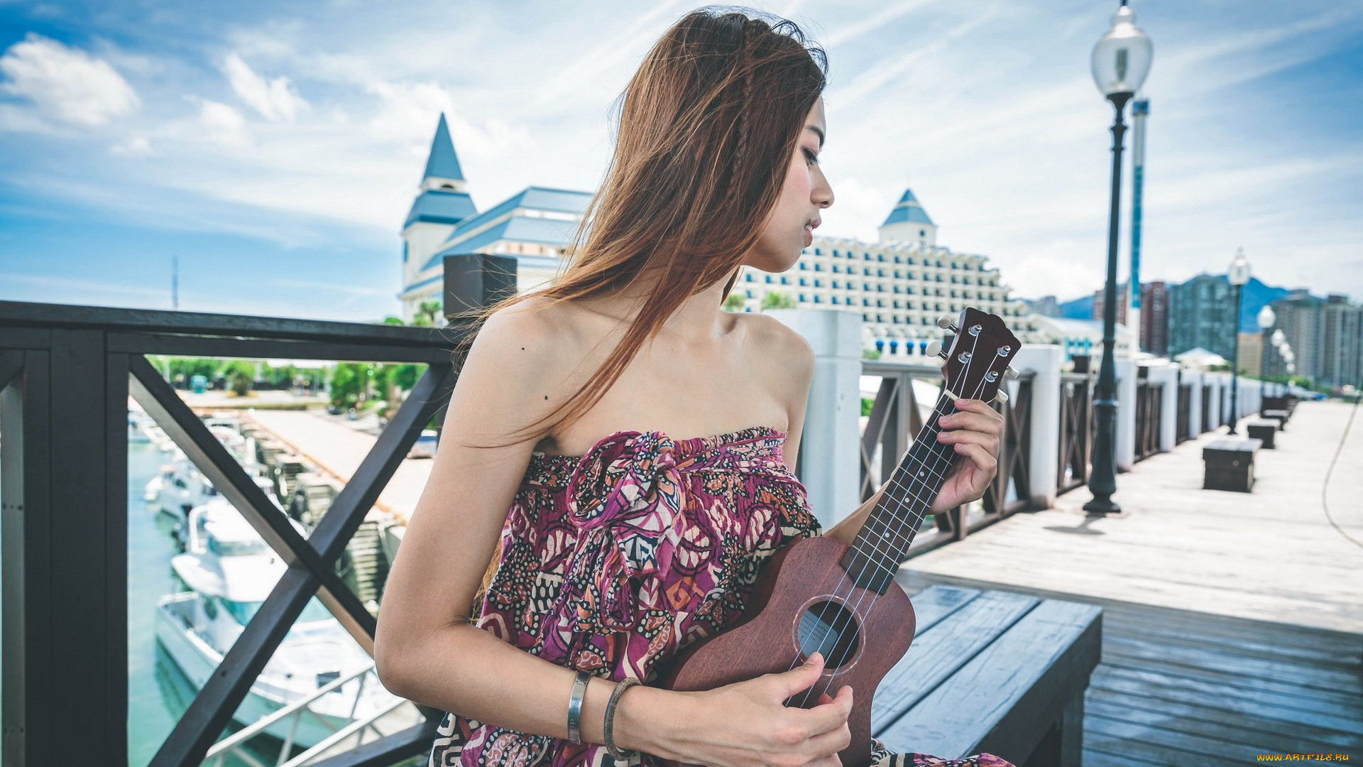 музыка, -другое, фонарь, азиатка, гитара, девушка