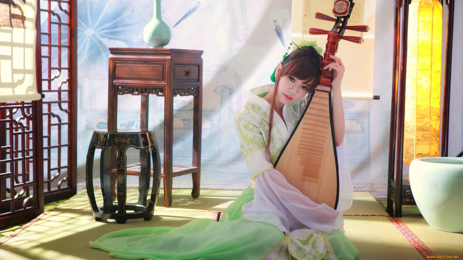 музыка, -другое, инструмент, мебель, азиатка, взгляд, девушка
