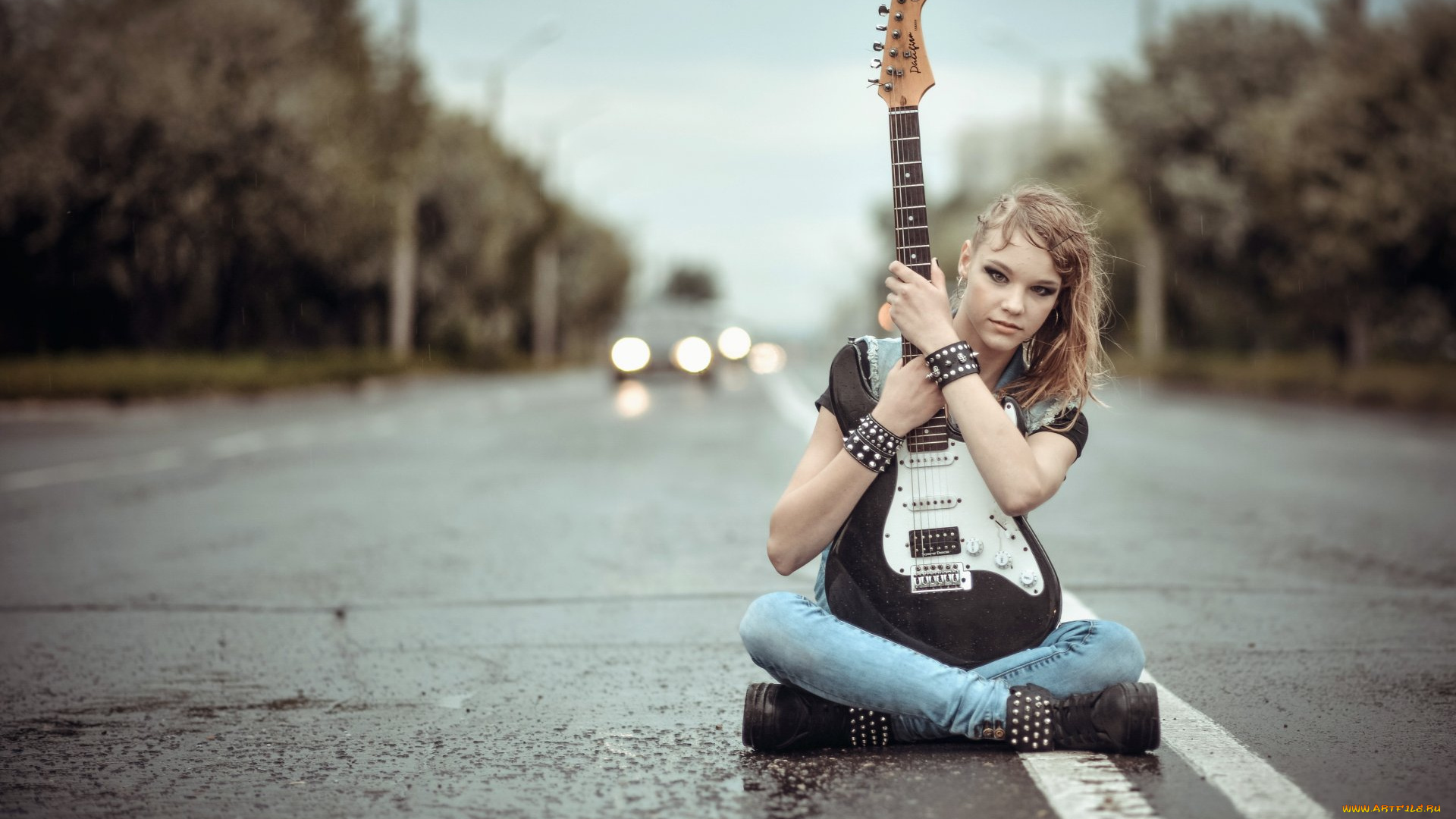 музыка, -другое, макияж, гитара, взгляд, девушка, дорога